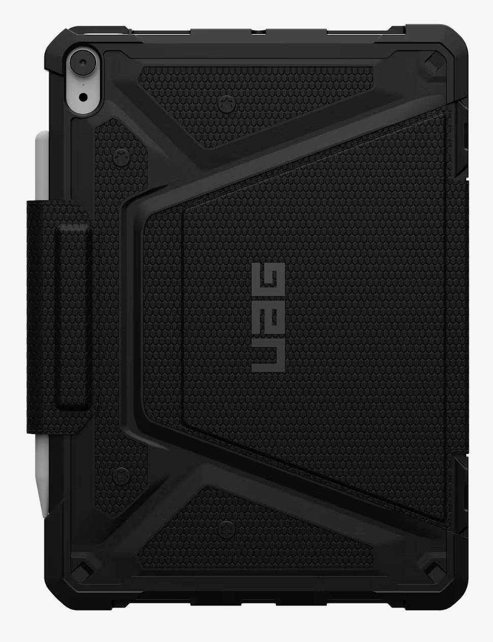Schwarze robuste Tablet-Schutzhülle mit Griff und Kameraausschnitt, von hinten gezeigt mit zentriertem 