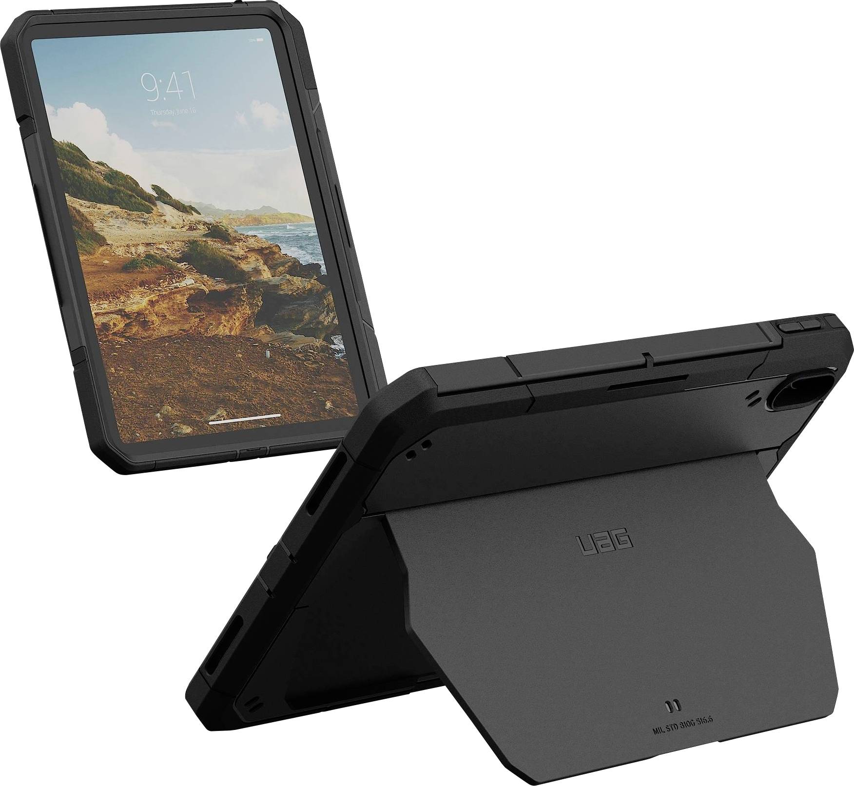 Robustes schwarzes Tablet-Etui von vorne und hinten dargestellt, mit integriertem Ständer zum aufrechten Halten des Tablets auf weißem Hintergrund.