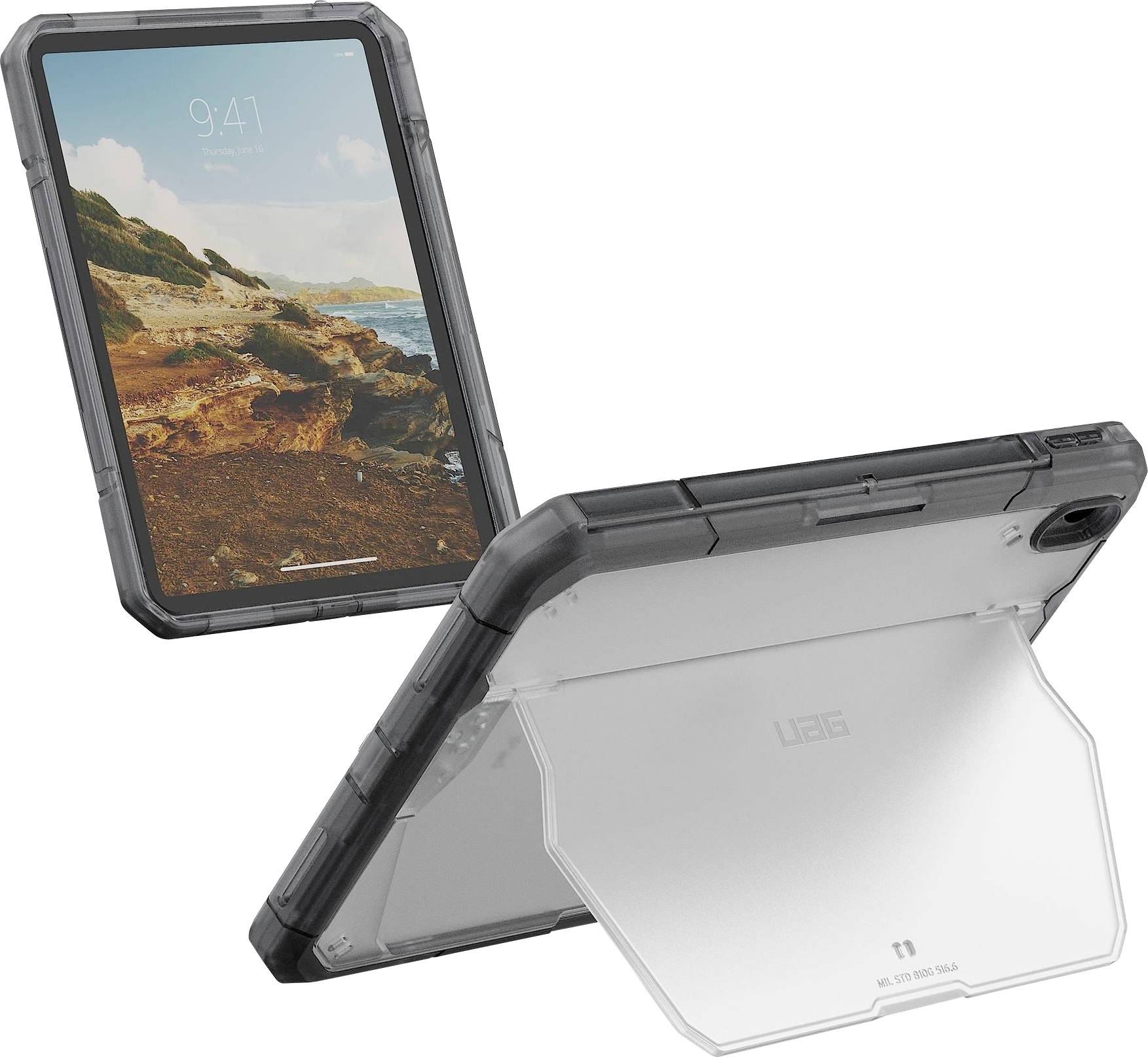 Zwei robuste Tablet-Schutzhüllen in schräger Ansicht, eine mit durchsichtiger Rückseite und Ständer, die andere zeigt einen Tablet-Bildschirm.
