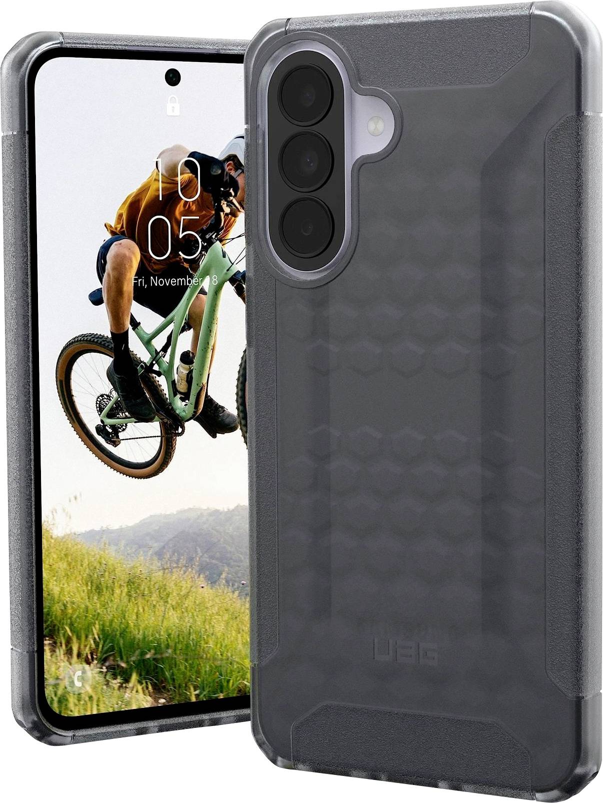 Zwei robuste Handyhüllen auf einem Smartphone gezeigt: eine durchsichtige Rückseite mit erhöhtem Kamerasschutz und eine Fronthülle auf dem Telefon mit einem Fahrrad-Hintergrund.