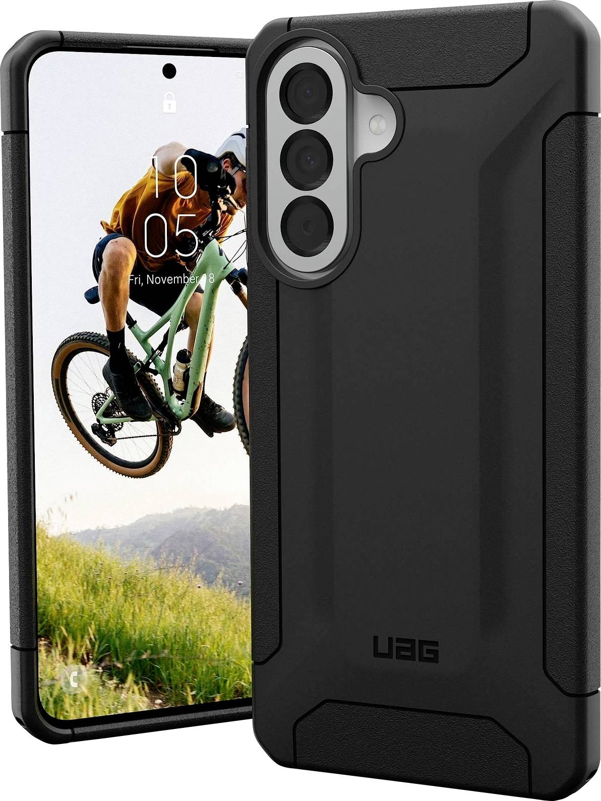 Schwarzes UAG-Schutzhülle für Smartphones von vorne und hinten abgebildet, mit hervorgehobenem erhöhtem Triple-Kamera-Ausschnitt und schützendem Design.