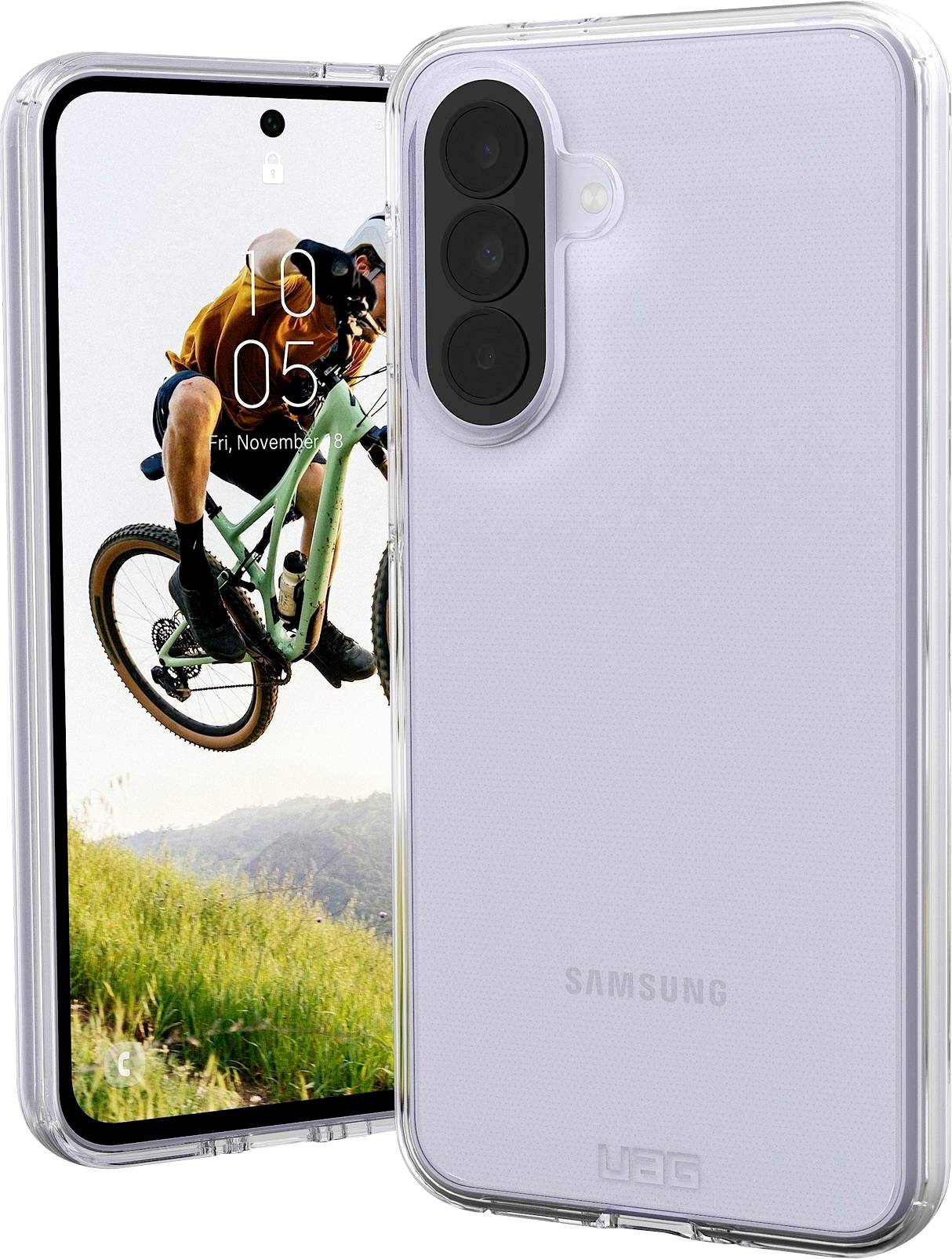 Samsung-Smartphone von vorne und hinten in transparenten Schutzhüllen gezeigt, mit einem Radsportler-Hintergrundbild auf dem Display und dreifacher Rückkamera sichtbar.