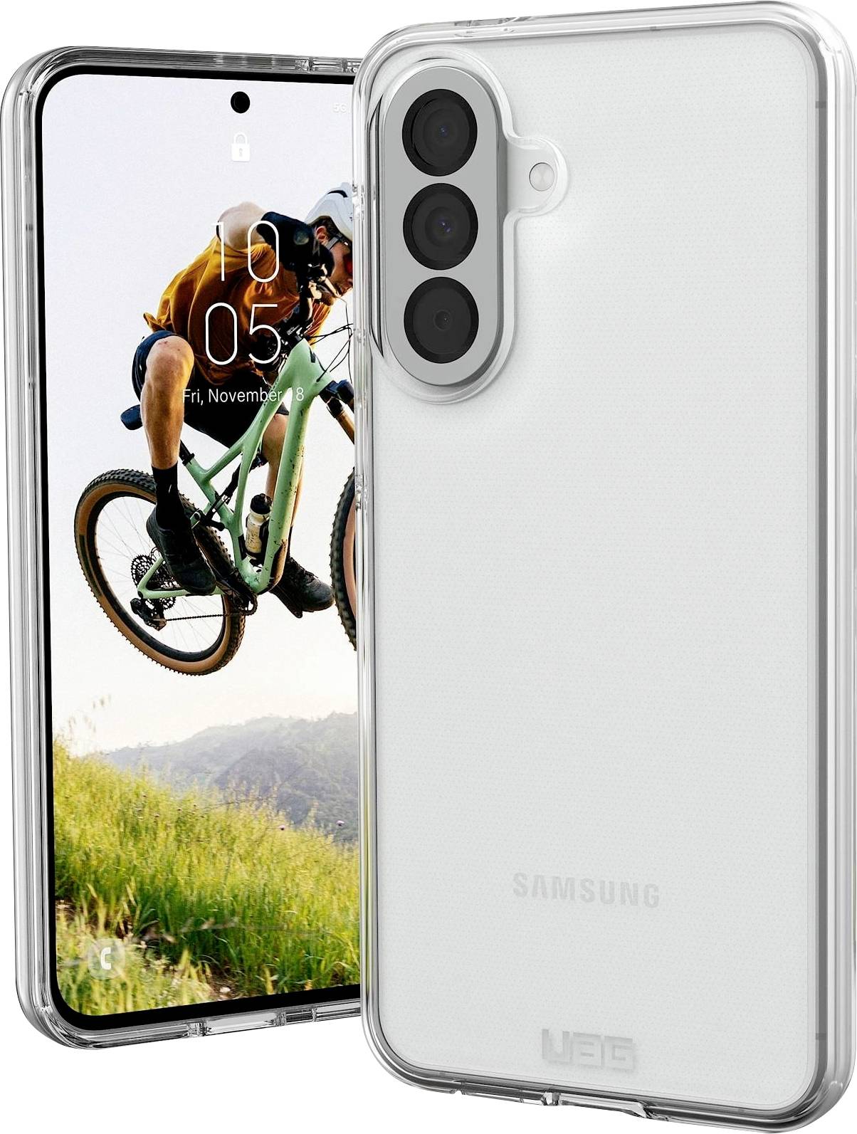 Ein Samsung-Smartphone von vorne und von hinten gezeigt, mit einem Fahrrad-Hintergrundbild auf dem Bildschirm und einer durchsichtigen Schutzhülle auf der Rückseite.