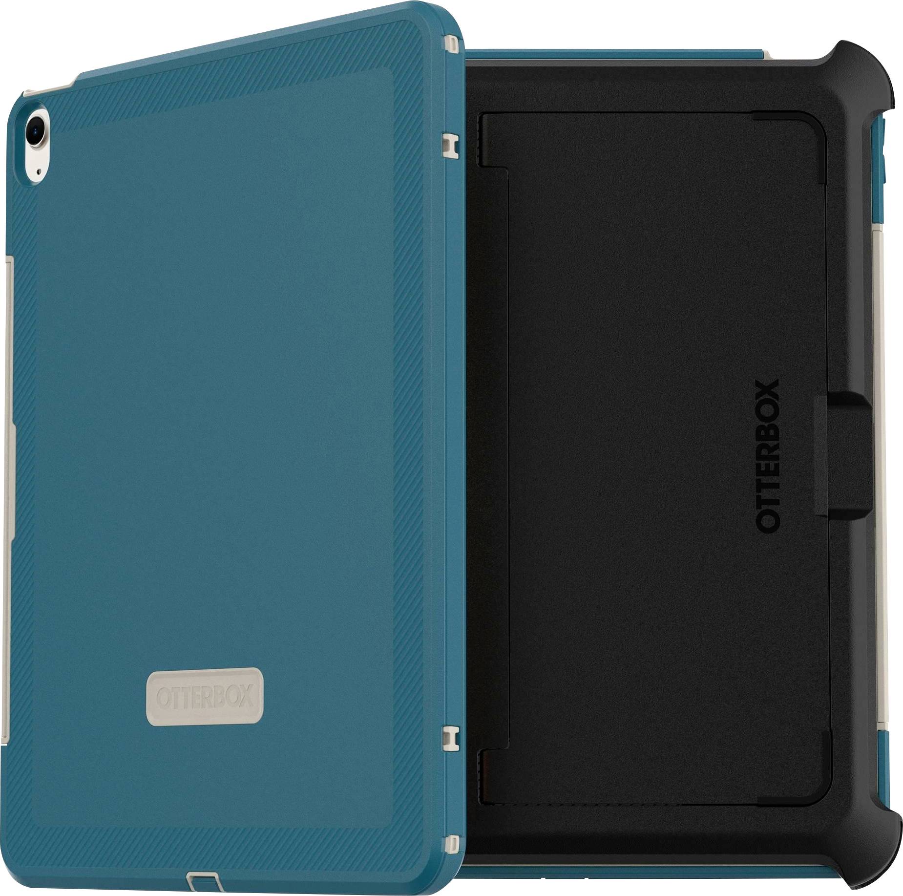 Teal und schwarze OtterBox-Tablet-Schutzhülle in geschlossenem Zustand, mit robuster schützender Rückseite und vorderer Klappe.