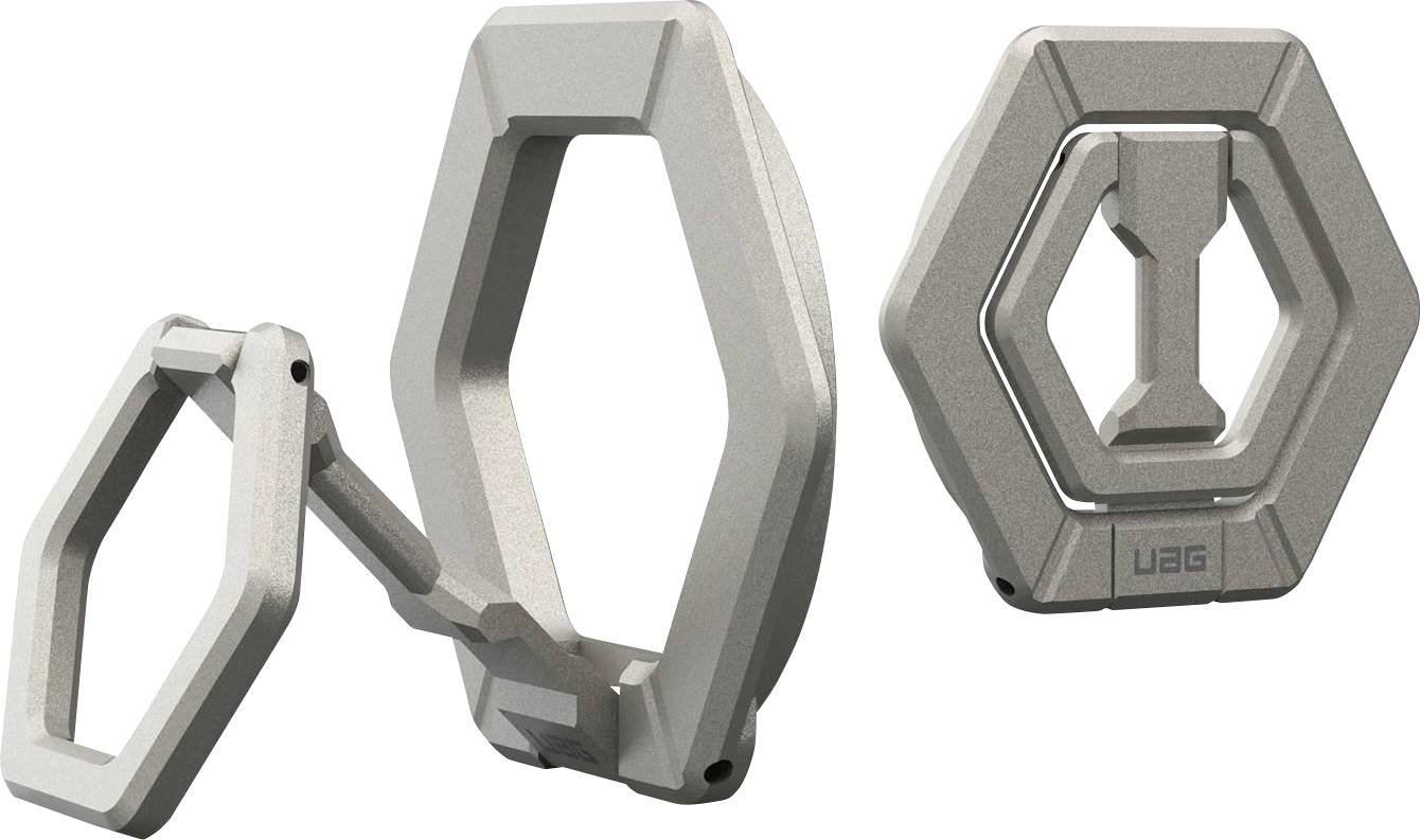 Drei Ansichten eines grauen sechseckigen Metallrings oder Verschlussvorrichtung, dargestellt geöffnet, schräg und geschlossen vor weißem Hintergrund.