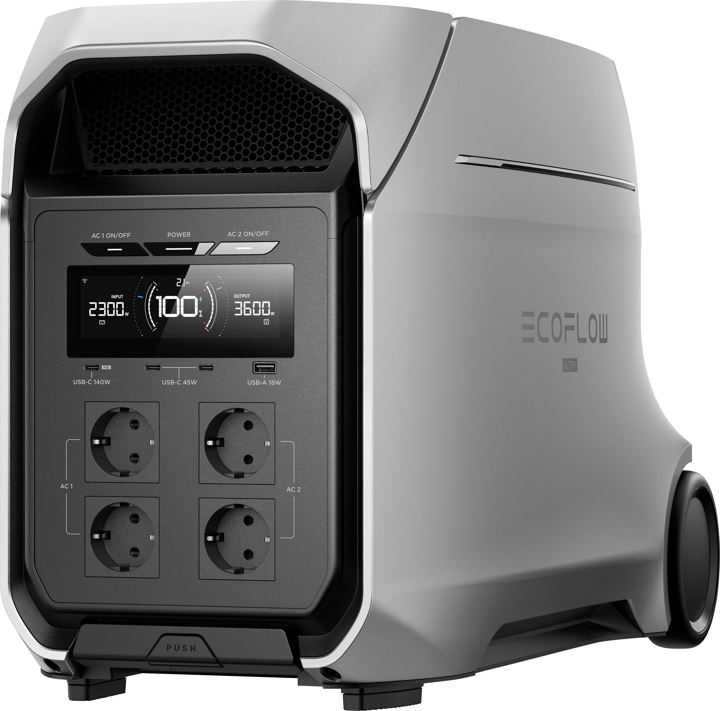 EcoFlow tragbare Stromstation mit Display, das den Batteriestatus anzeigt, und AC-/USB-Anschlüsse, Vorder- und Seitenansicht auf Rädern.
