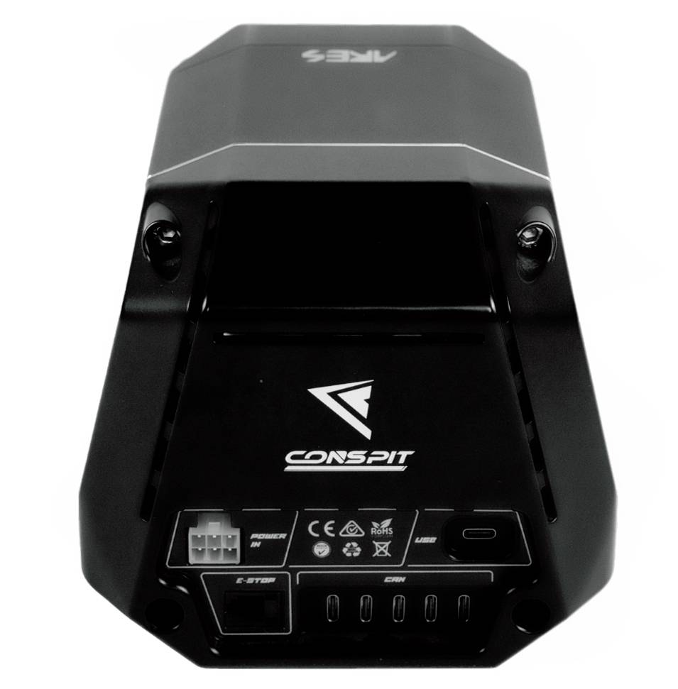 Schwarze ARES CONSPIT Rennsimulatoren-Pedaleinheit von oben gezeigt, mit Befestigungslöchern und vorderen USB-/Anschlussanschlüssen.