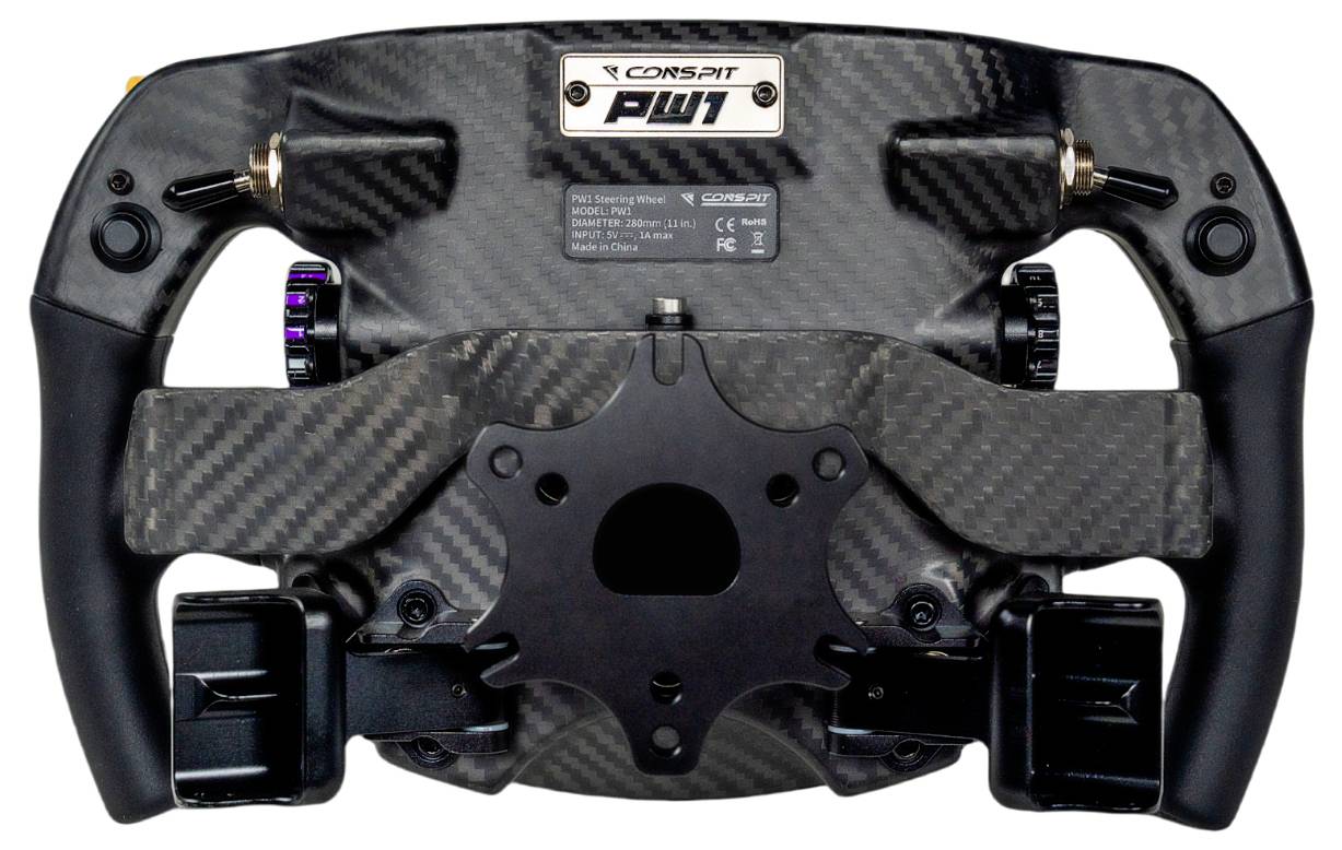 Vorderansicht eines schwarzen Carbon-Rennlenkrads mit Schaltwippen und Mittelbefestigung, gekennzeichnet mit „CORSAIR PW1