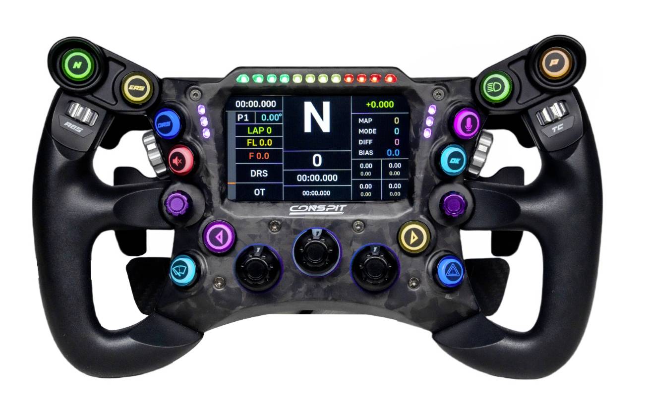 Ein Racing-Lenkradregler mit zentralem digitalen Display, das Gang N, Rundendata und mehrere farbige Knöpfe und Regler anzeigt.