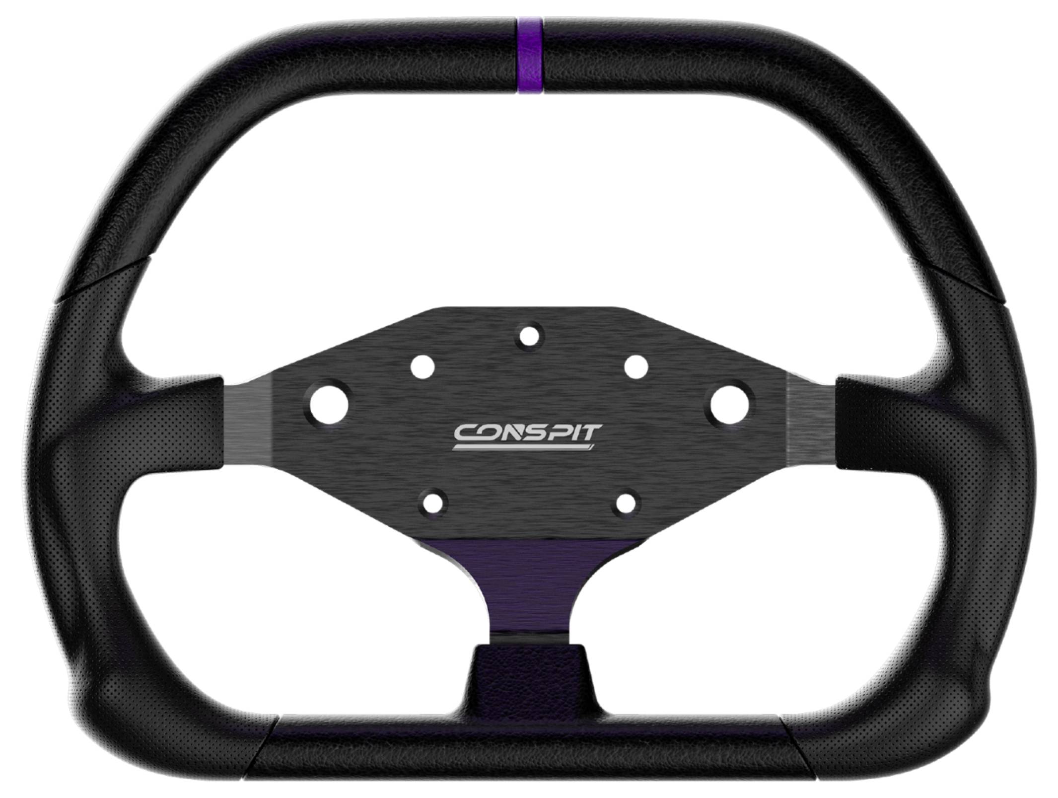 Schwarzes Rennsportlenkrad mit violetten Mittenakzenten und einer gebürsteten Metallspeicheplatte mit der Bezeichnung „CONSPIT