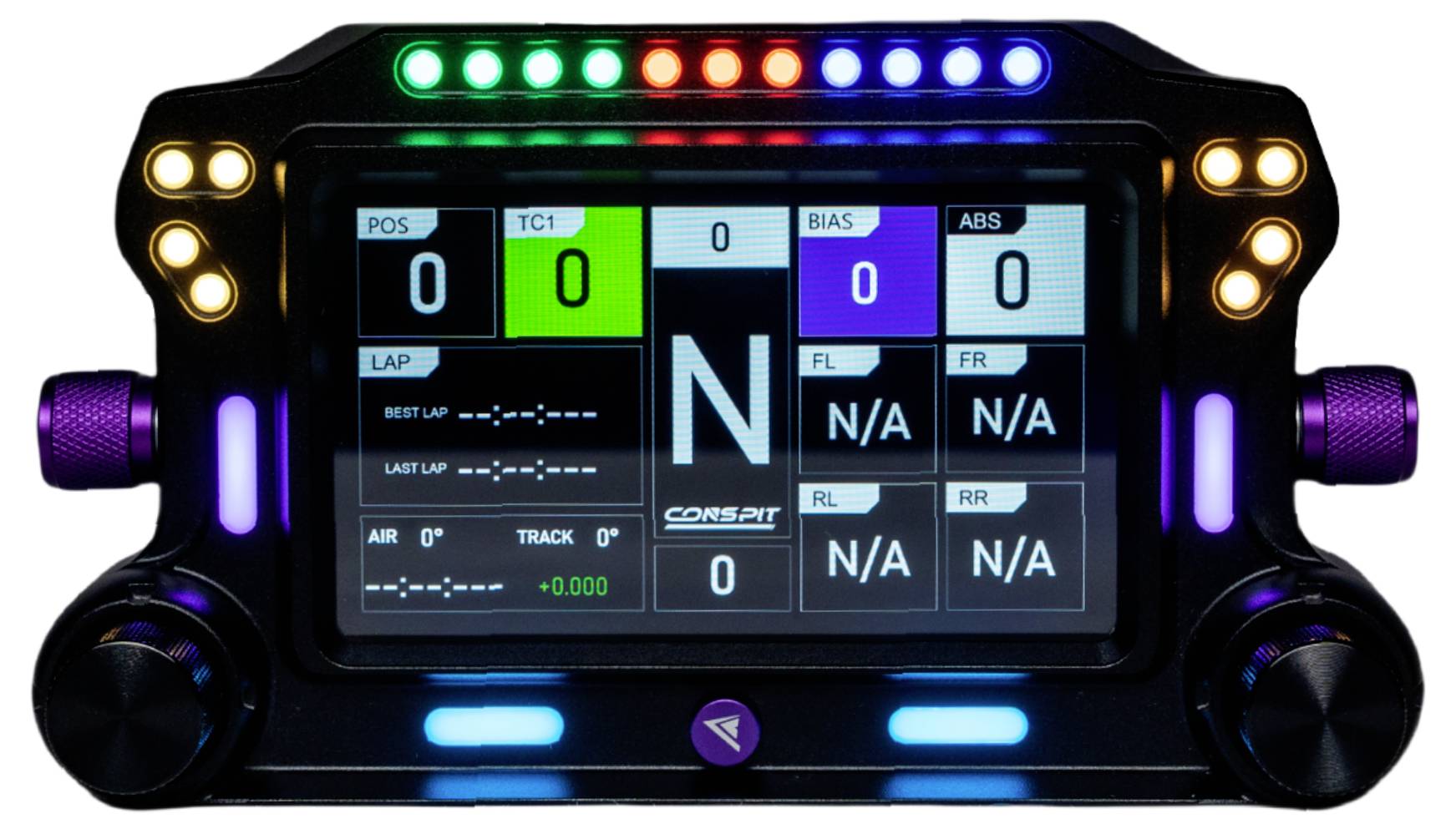 Digitales Rennwagen-Armaturenbrett mit Telemetrie-Anzeigen, Rundenzeitmessung, Gangschaltungsanzeiger und Statusanzeigen mit mehrfarbigen LEDs und Bedienknöpfen.
