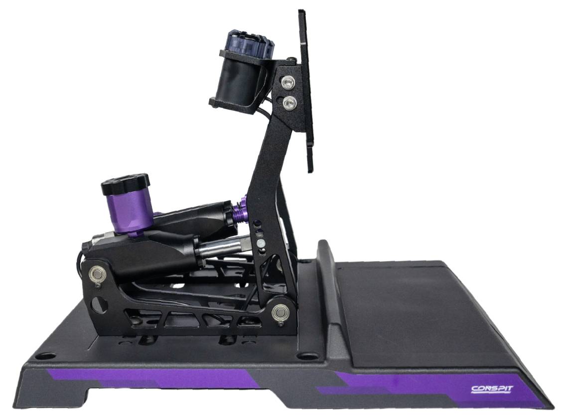 Eine schwarze und violette Computerflugsimulator-Joystick-Basis mit montiertem Steuerknüppel und Fußpedal-Steuerung auf einer Plattform.