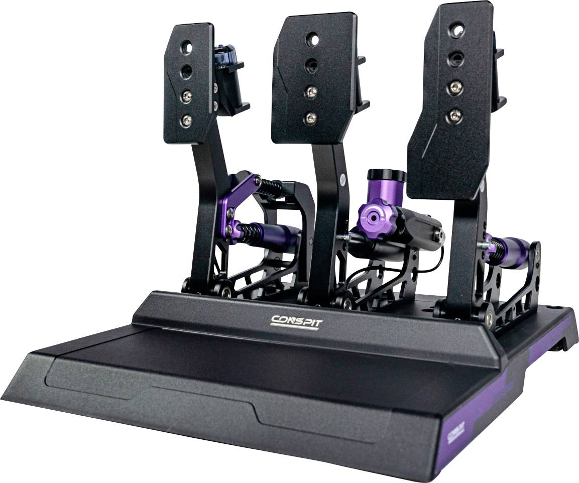Black Conspit Rennfahrsimulator-Pedalsatz mit drei verstellbaren Metallpedalen, die auf einer Basis montiert sind.