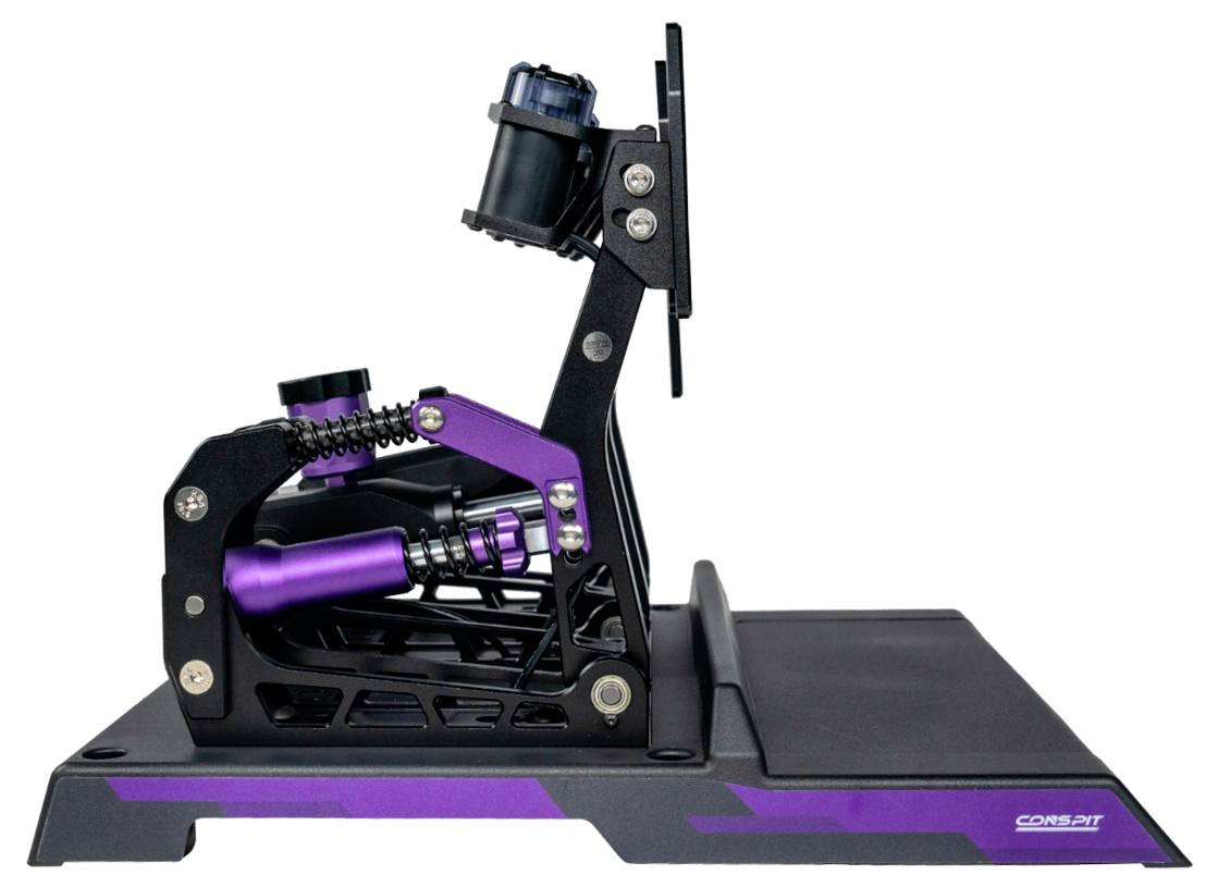 Ein schwarzes und violettes Flugsimulator-Pedalsystem mit montiertem Hebel und verstellbarem Mechanismus auf einer Basis mit der Bezeichnung 