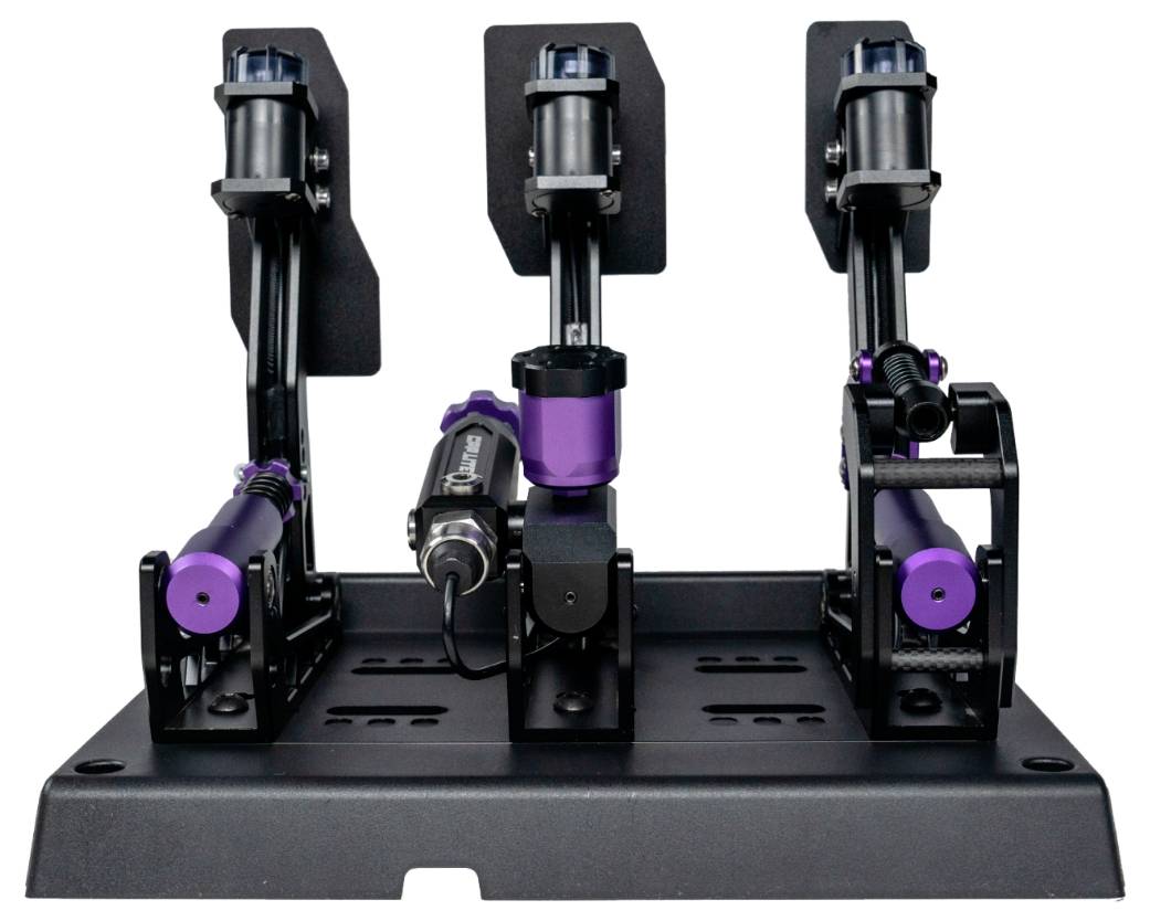 Drei schwarze mechanische Aktuatormodule auf einer Grundplatte montiert, Vorderansicht vor weißem Hintergrund.