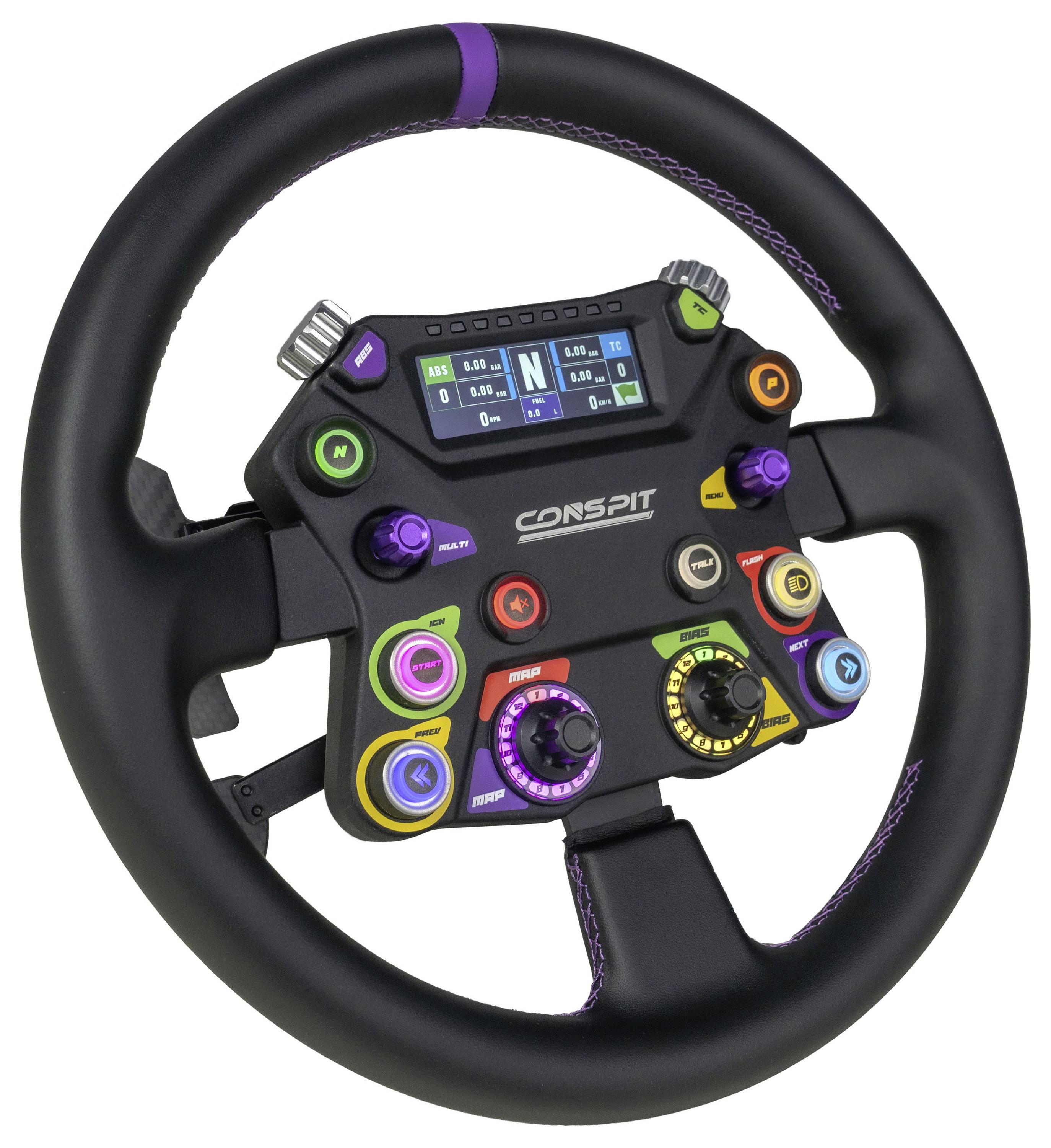 Schwarzes Rennlenkrad-Controller mit digitalem Display, violetten Akzenten und mehreren farbigen Tasten und Drehreglern.