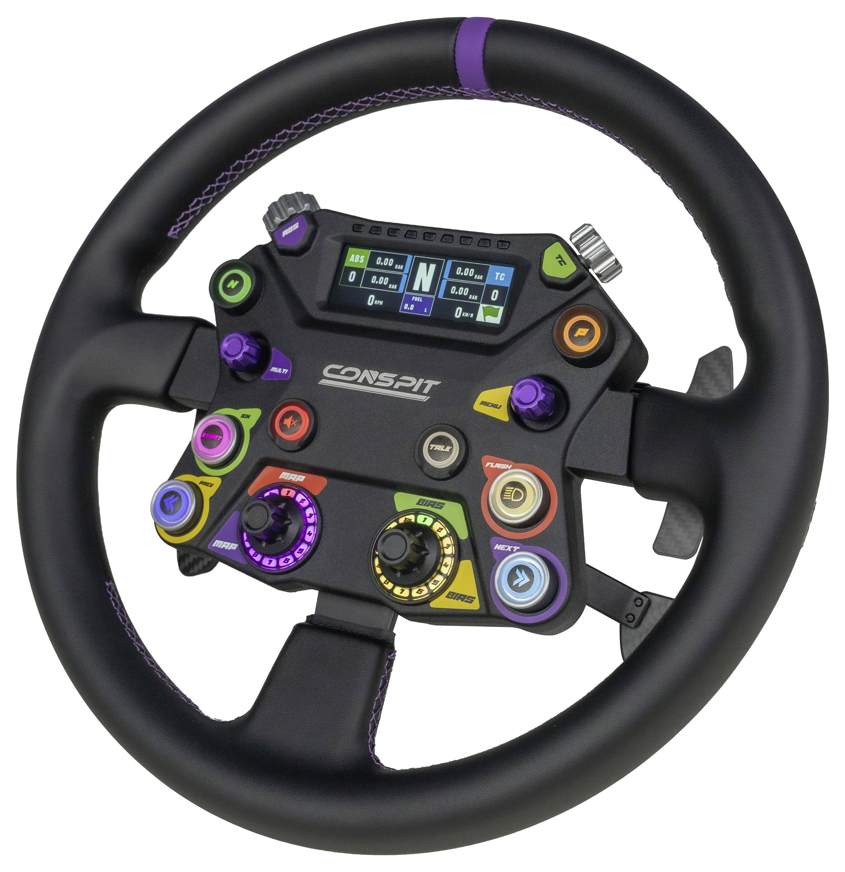 Cockpit-Rennlenkrad-Controller mit digitaler Anzeige und mehreren bunten Tasten, Drehknöpfen und Paddeln auf einem schwarzen Lenkrad.