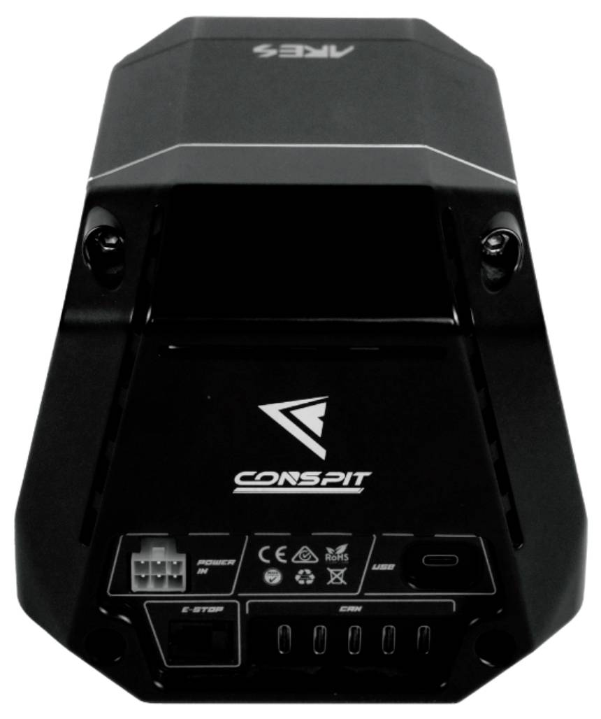Black Conspit Ares Racing-Simulator-Pedalplattform, Vorderansicht mit Befestigungspunkten und Anschlussanschlüssen.