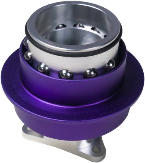 Gehäuse für Kugellager aus violettem Metall mit sichtbaren Stahlkugeln und einer Befestigungshalterung auf weißem Hintergrund.