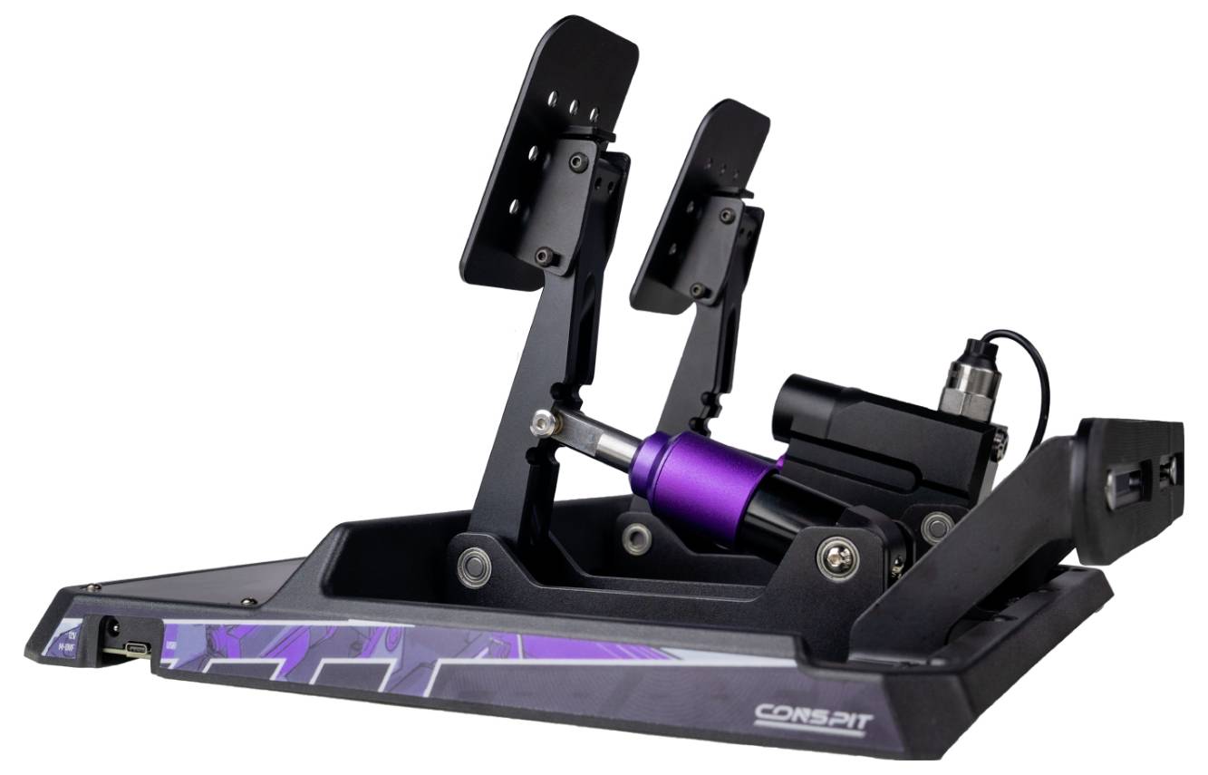 Schwarz-violettes Renn-Simulator-Pedalset mit zwei verstellbaren Pedalen und einer zylindrischen Brems- oder Drosselwiderstandseinheit auf einer mit CORSAIR gekennzeichneten Basis.