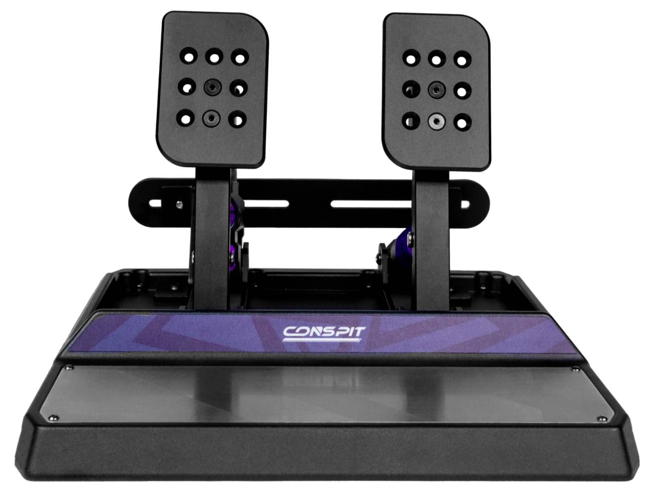 Dualer Racing-Simulator-Pedalsatz mit Gas- und Bremspedalen auf schwarzer Basis montiert, mit einer Conspit-Logo-Plakette.