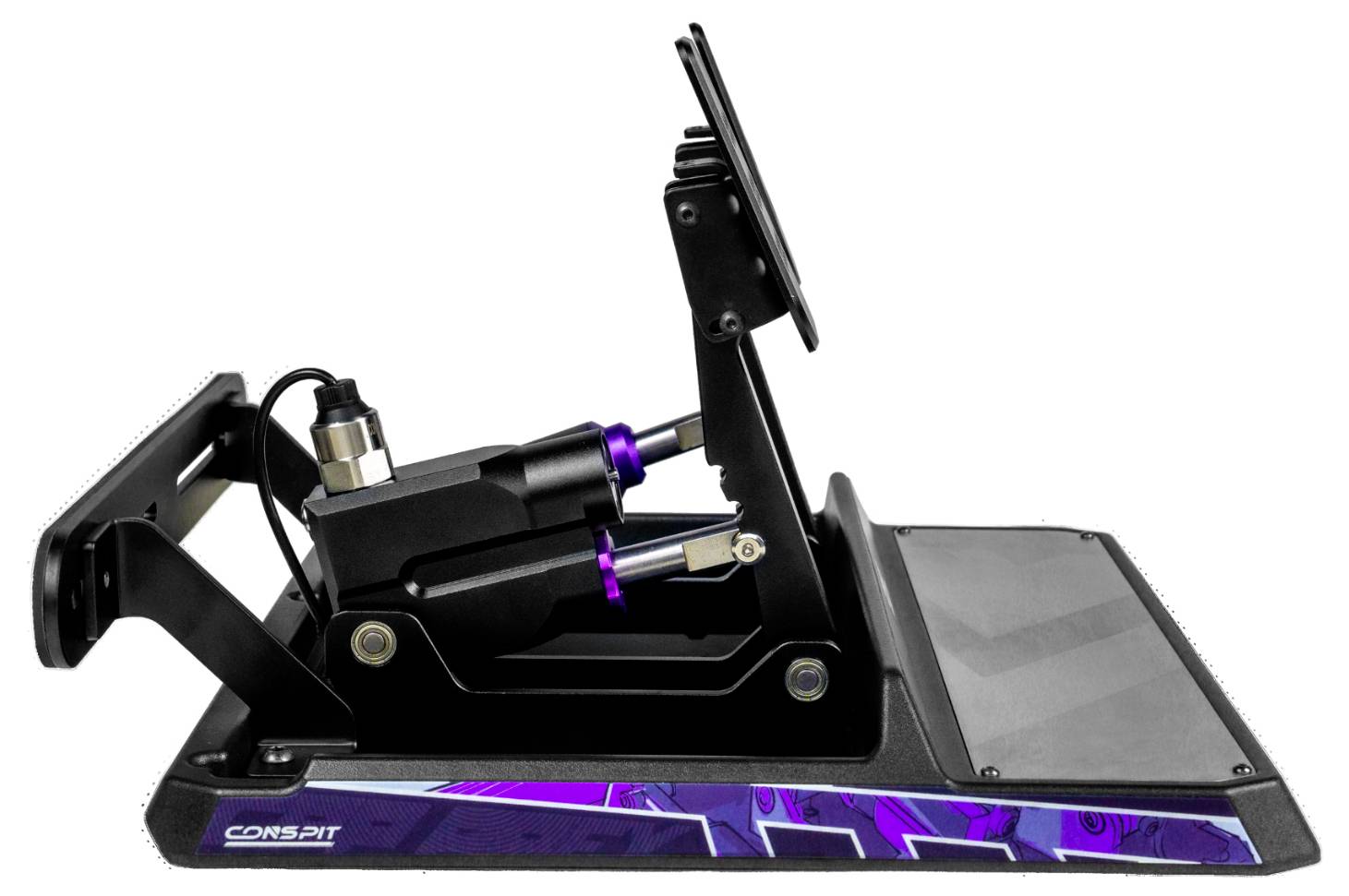 Schwarze und lila Sim-Racing-Cockpit-Pedaleinheit mit verstellbarer Fußplatte und Metallrahmen auf weißem Hintergrund.