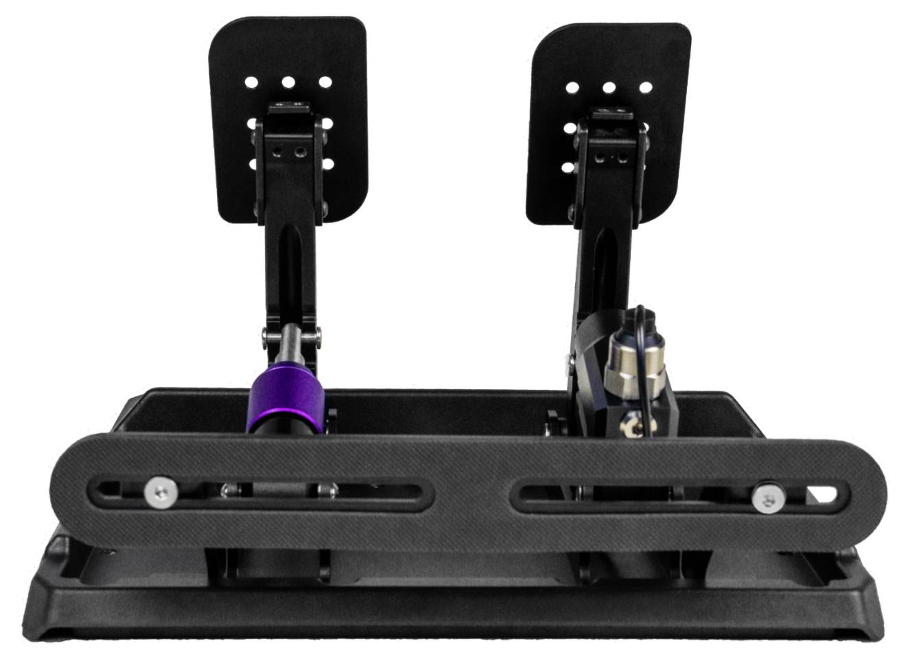 Ein schwarzer Doppelpedalsimulatoren mit zwei Fußplatten, die auf einer Basis montiert sind, zeigt verstellbare links- und rechtsseitige Pedalmechanismen.