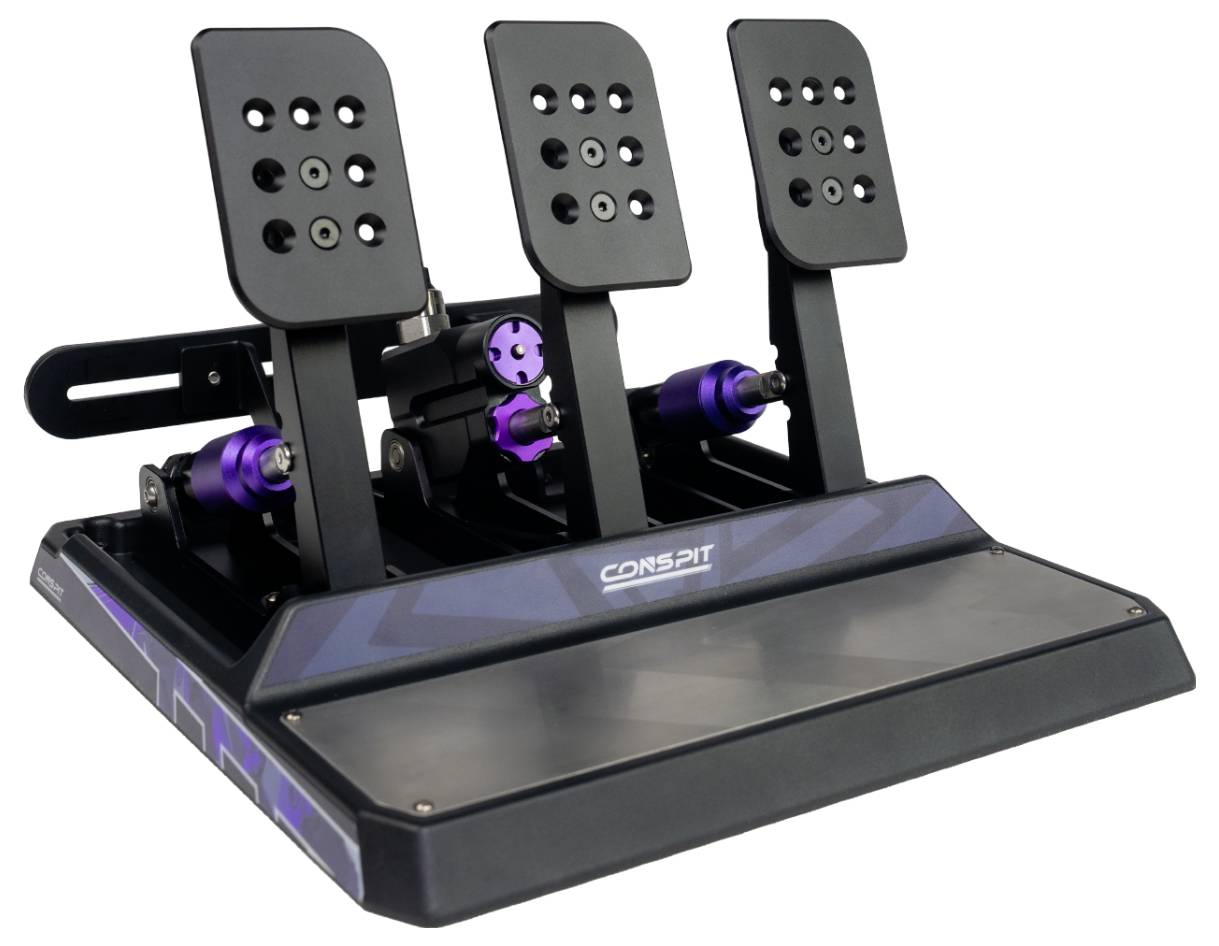 Dreipedal-Rennsimulatoren-Pedalsatz mit schwarzen und violetten verstellbaren Metallpedalen und einer breiten Basis.