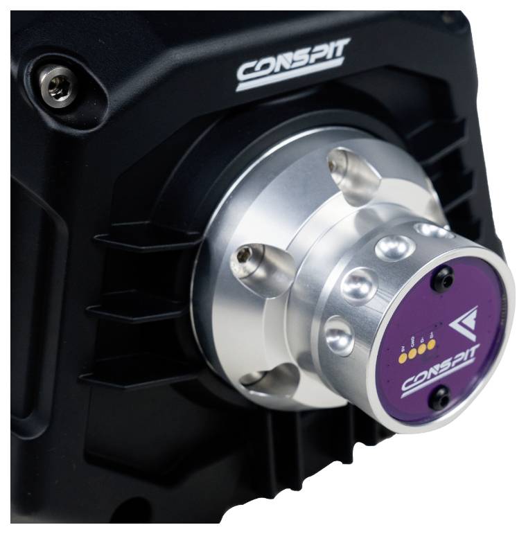 Nahaufnahme eines CONSPIT-Rennrad-Naben-Adapters mit silberner Metallmontierung und violetter Endkappe auf einem schwarzen Gerätegehäuse.