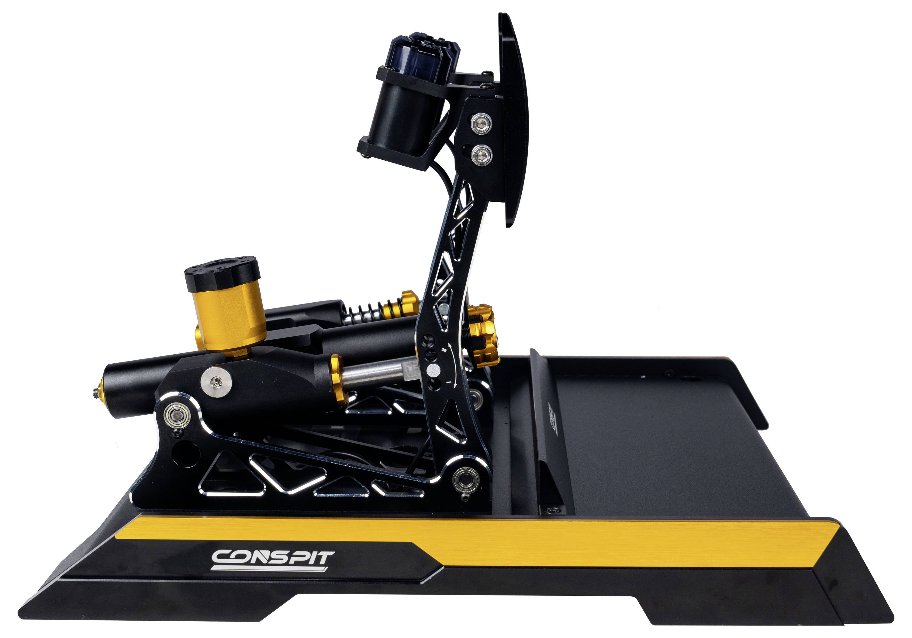Seitenansicht einer Conspit Racing-Sim-Pedalanlage mit schwarzer und gelber Basis, die verstellbare Metallpedale und Befestigungshardware zeigt.
