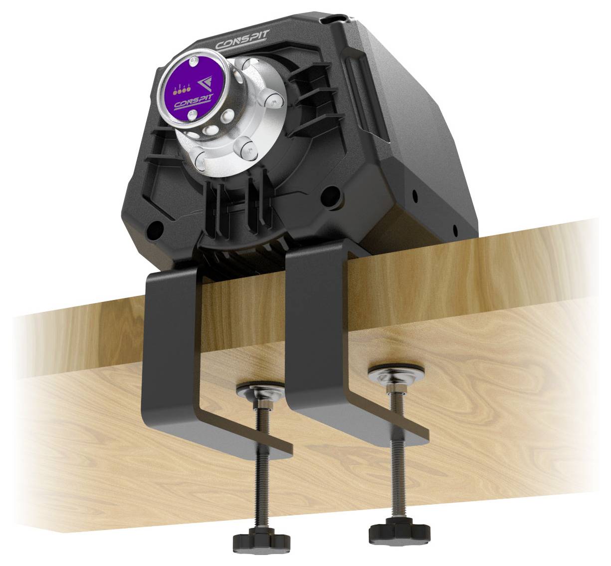 Schwarze mechanische Spannvorrichtung, die auf einem Holzbalken montiert ist, mit zwei Gewindebolzen und Fußpolstern darunter.