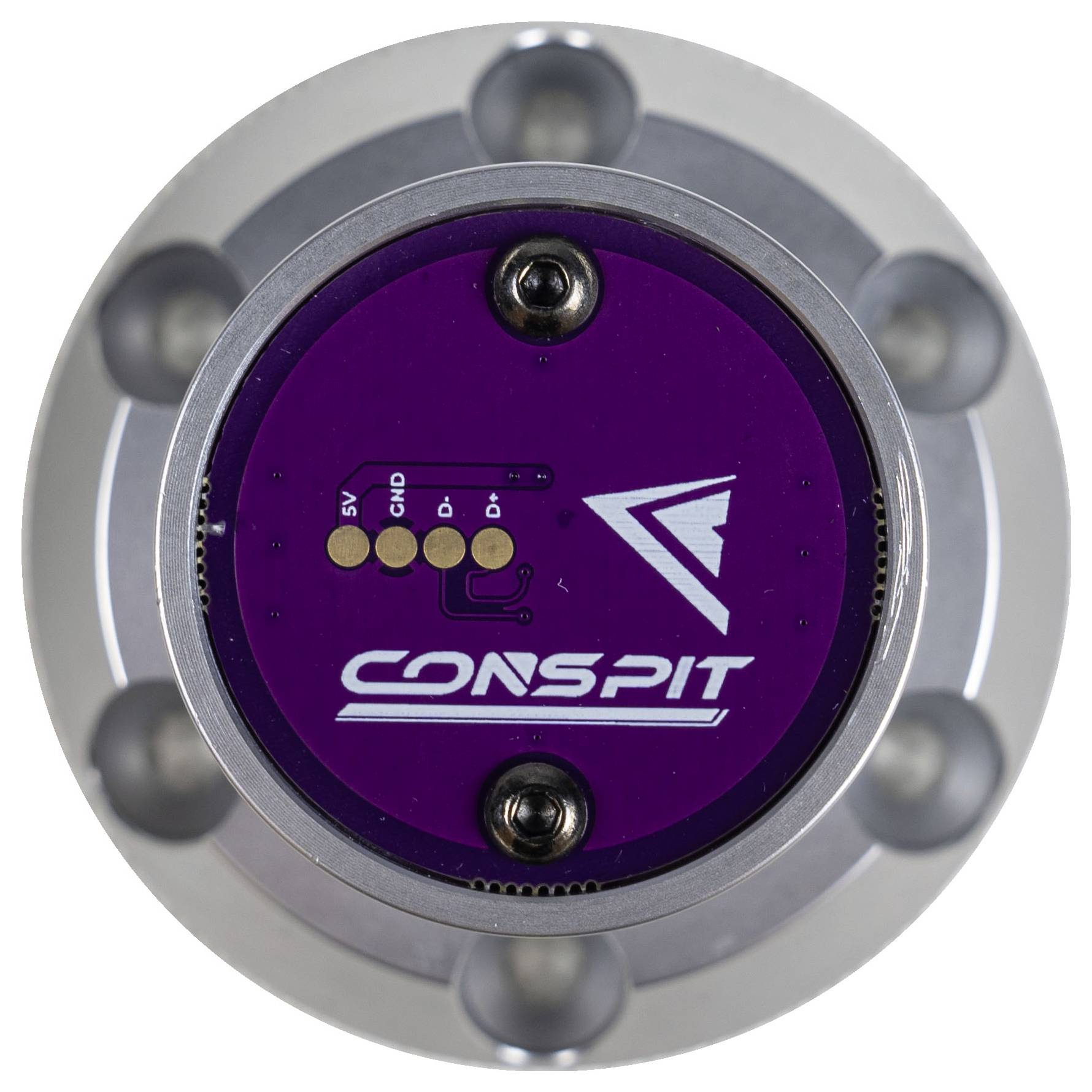Nahaufnahme eines violetten CONSPIT-Kreissensors oder -Geräts, das in einem Metallgehäuse montiert ist, mit vier beschrifteten Kontaktpads und sichtbaren Schrauben.