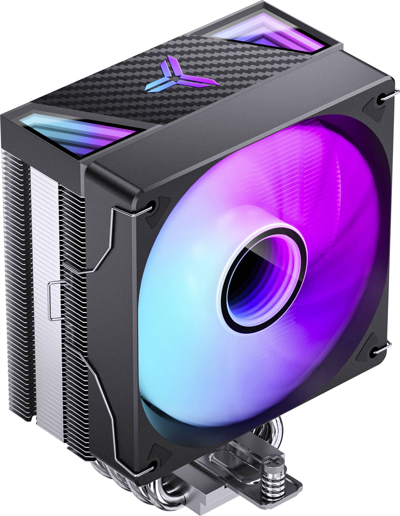 Schwarzer CPU-Luftkühler mit Kühlrippen und leuchtendem RGB-Lüfter, auf weißem Hintergrund dargestellt.