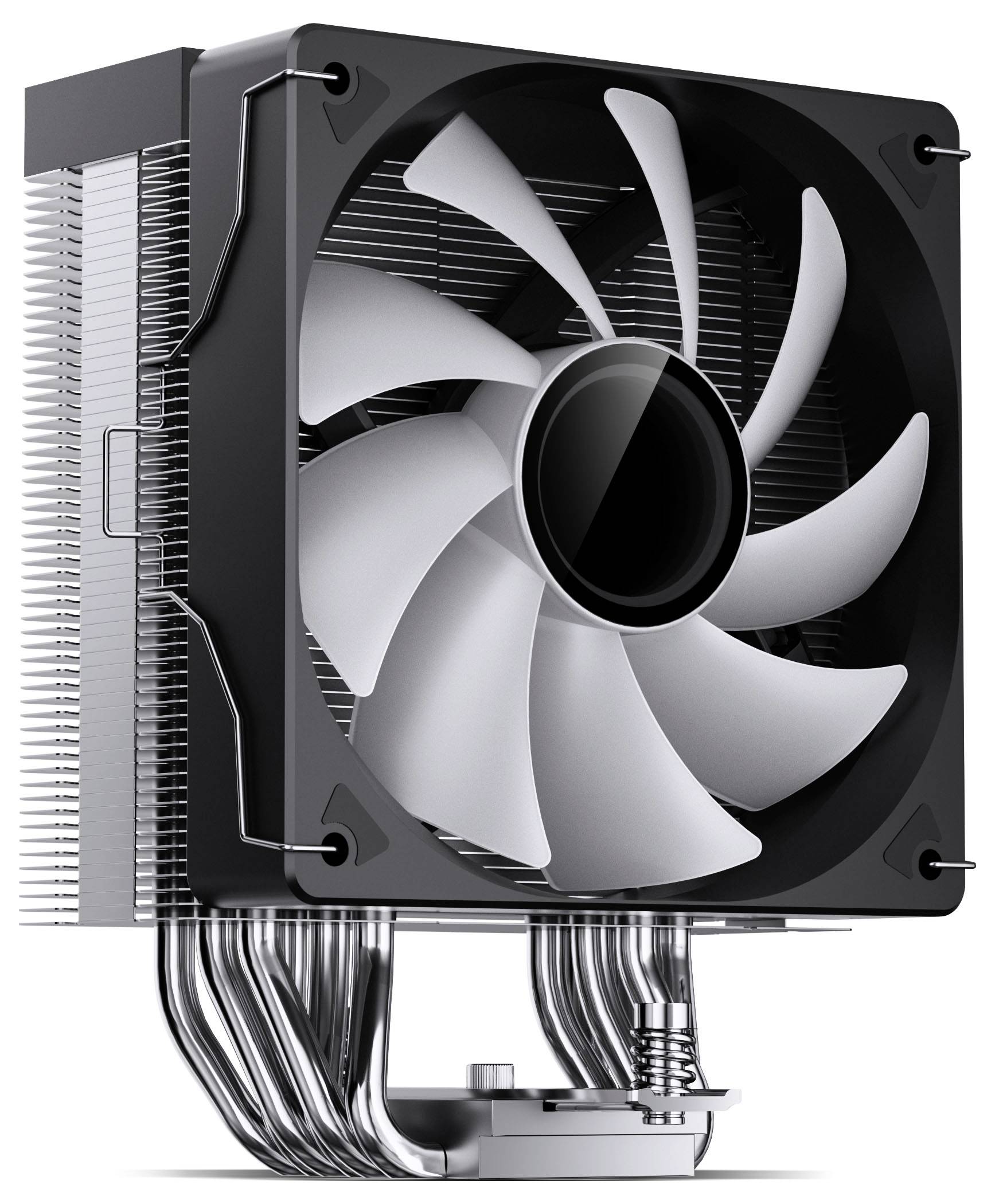 CPU-Kühler für Computer mit großem schwarzem Lüfter, Metallkühlrippen und Wärmerohen, gezeigt in einer produktorientierten Seitenansicht.