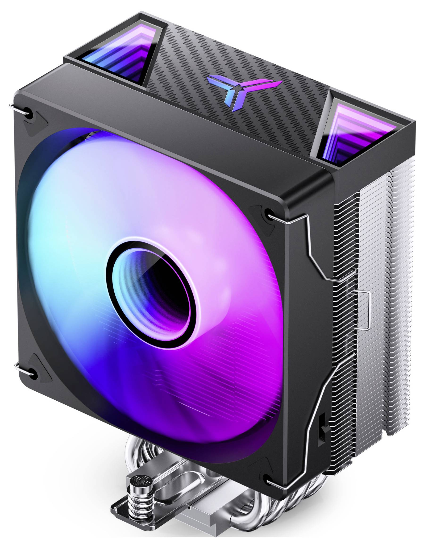 RGB-CPU-Luftkühler mit großem beleuchteten Lüfter, schwarzem Kühlkörper und Wärmerohrenleitungen, dargestellt auf weißem Hintergrund.