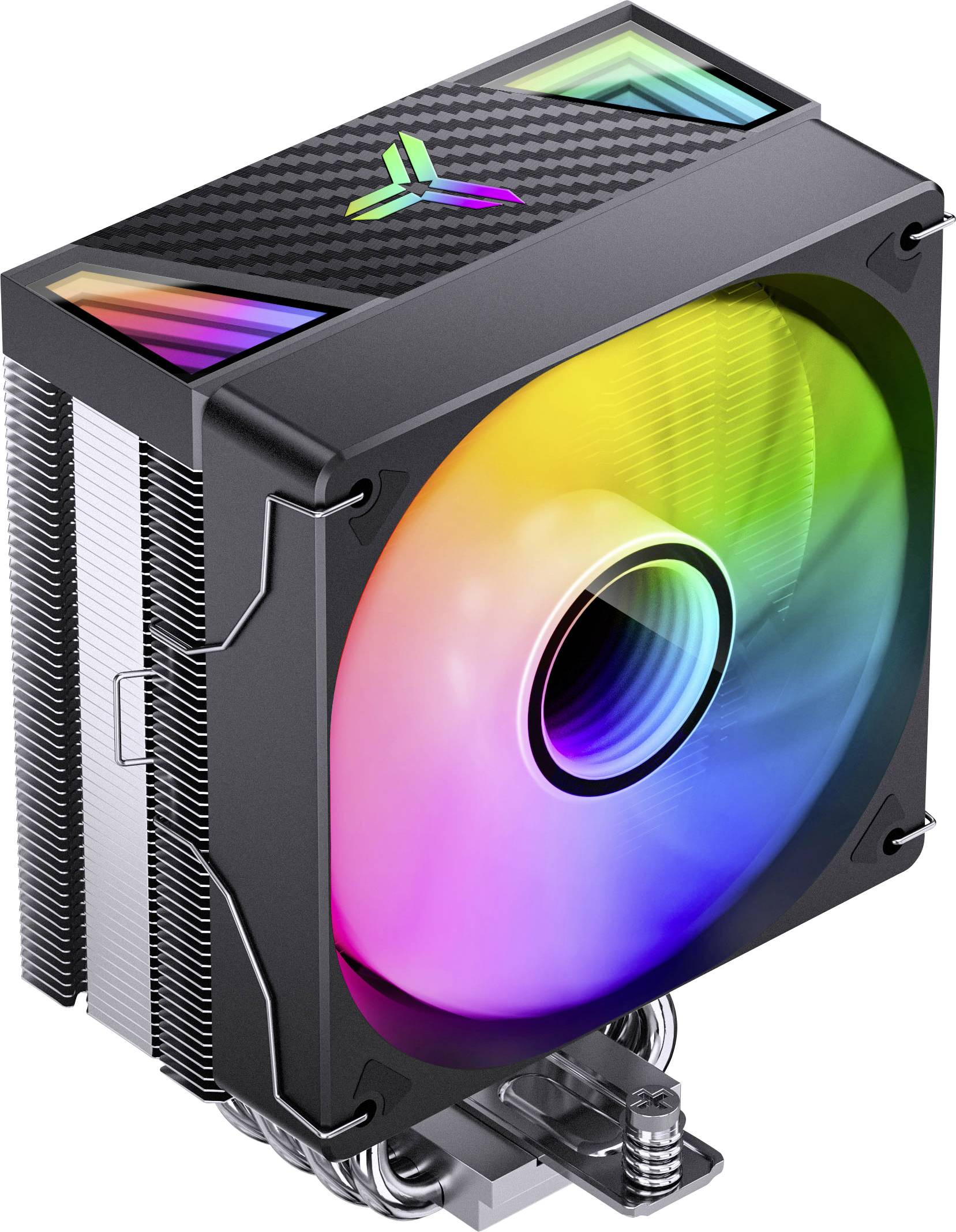 Schwarzer RGB-Computerlüfter mit regenbogenfarbig beleuchteten Blättern und Metallkühlkörper, gezeigt auf weißem Hintergrund.