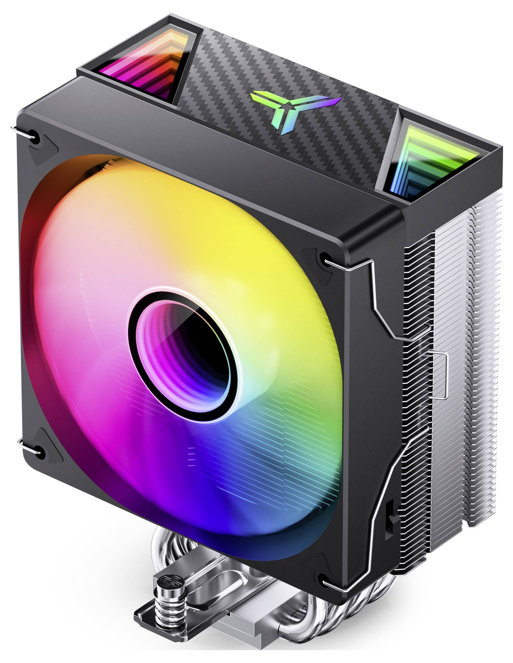 Ein schwarzer RGB-Turm-CPU-Kühler mit einem großen regenbogenbeleuchtetem Lüfter und silbernen Kühlrippen, dargestellt auf weißem Hintergrund.