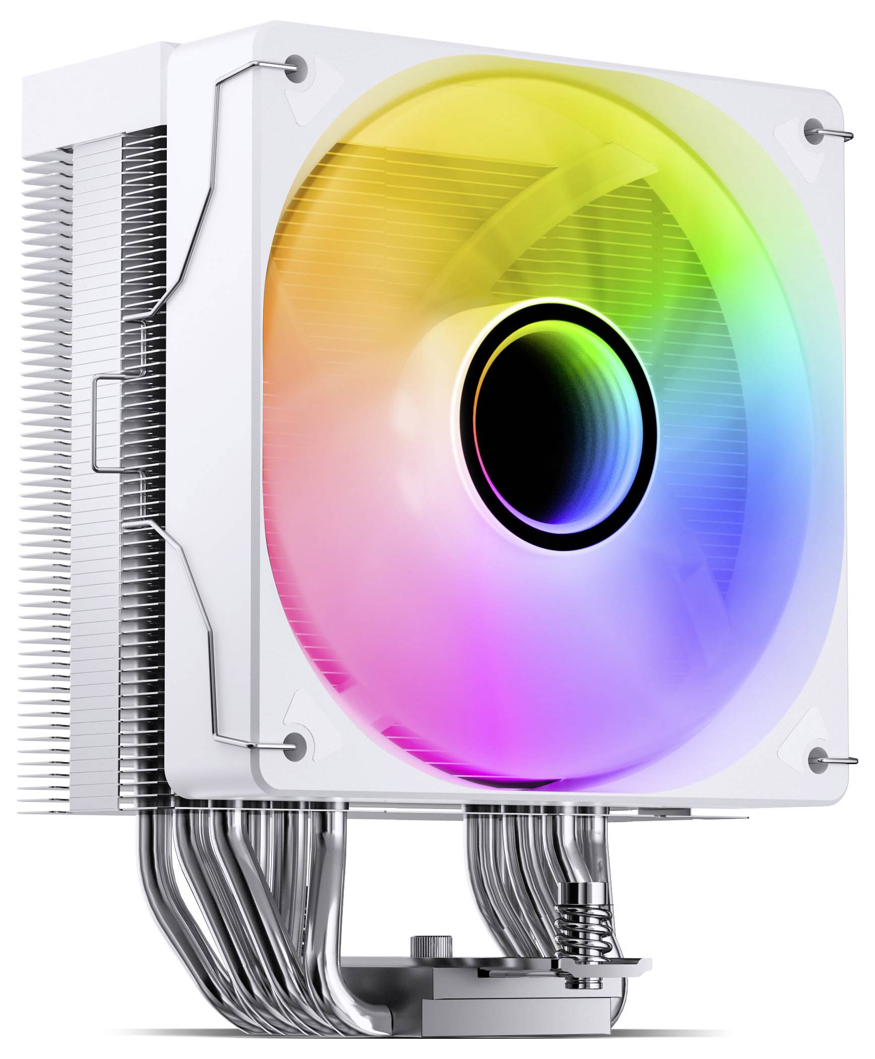 Nahaufnahme eines Computer-CPU-Kühlers mit einem regenbogenfarbig beleuchteten RGB-Lüfter und angebrachtem Kühlkörper, der Kühlrohre und Montagehardware zeigt.