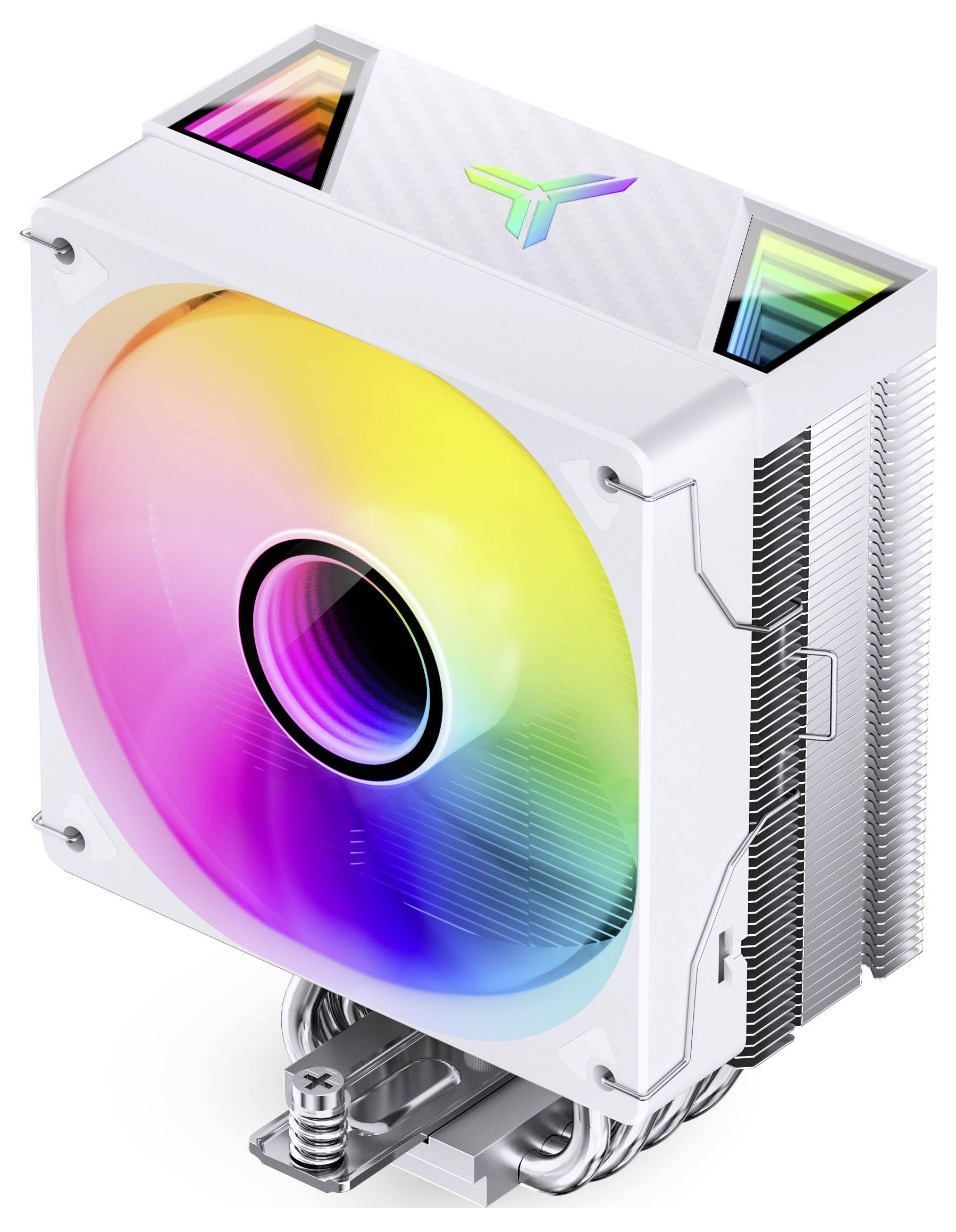 Weißer RGB-CPU-Luftkühler mit regenbogenbeleuchtetem Lüfter und Kühlkörper, dargestellt in einer produktstilisierten Darstellung auf weißem Hintergrund.