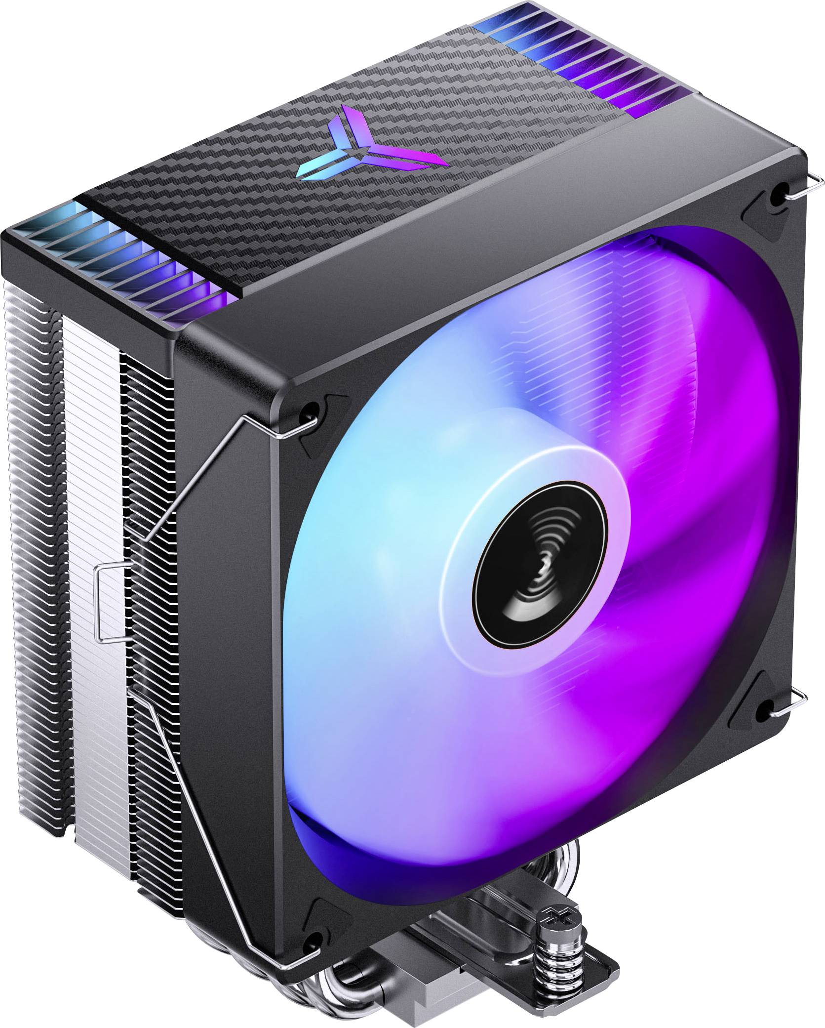 Schwarze PC-CPU-Luftkühler mit gestapelten Metalllamellen und einem vorderen RGB-Lüfter, der blau, violett und rosa leuchtet