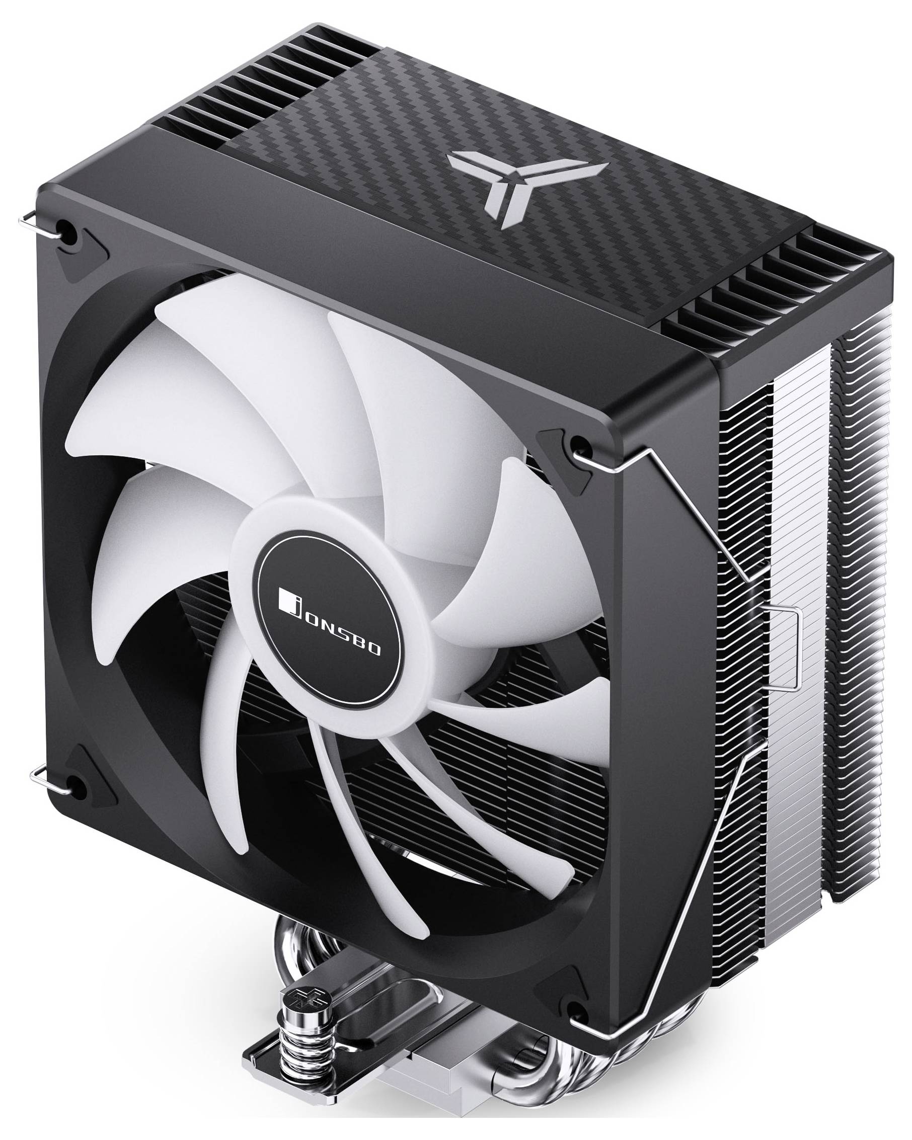Schwarzer CPU-Luftkühler mit weißem Lüfter und Lamellenstapel, zeigt eine kompakte Desktop-Prozessor-Kühleinheit auf weißem Hintergrund.