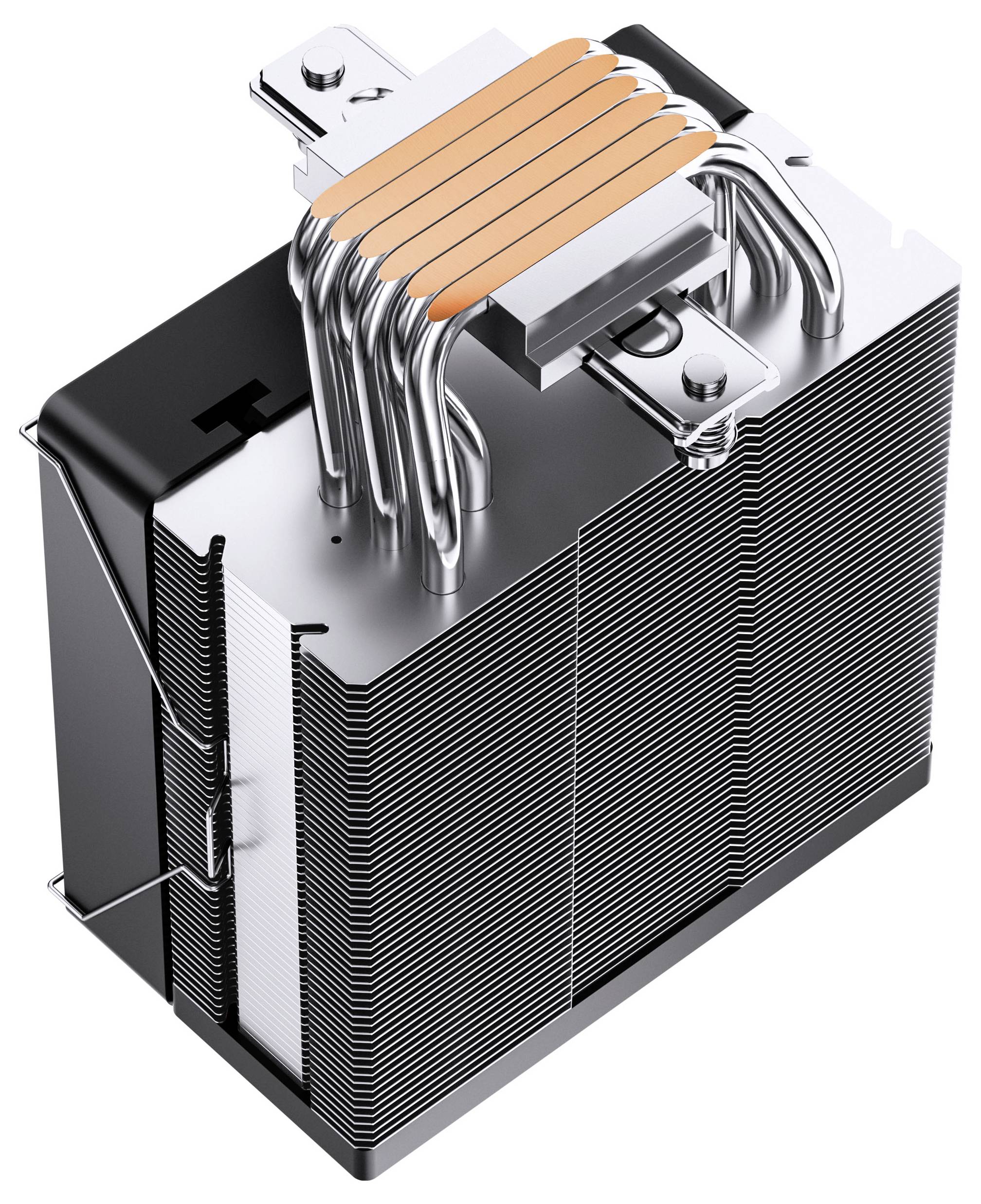 3D-Rendering eines CPU-Kühlers mit gestapelten Metalllamellen, kupfernen Wärmerohrern und einer oberen Befestigungshalterung.