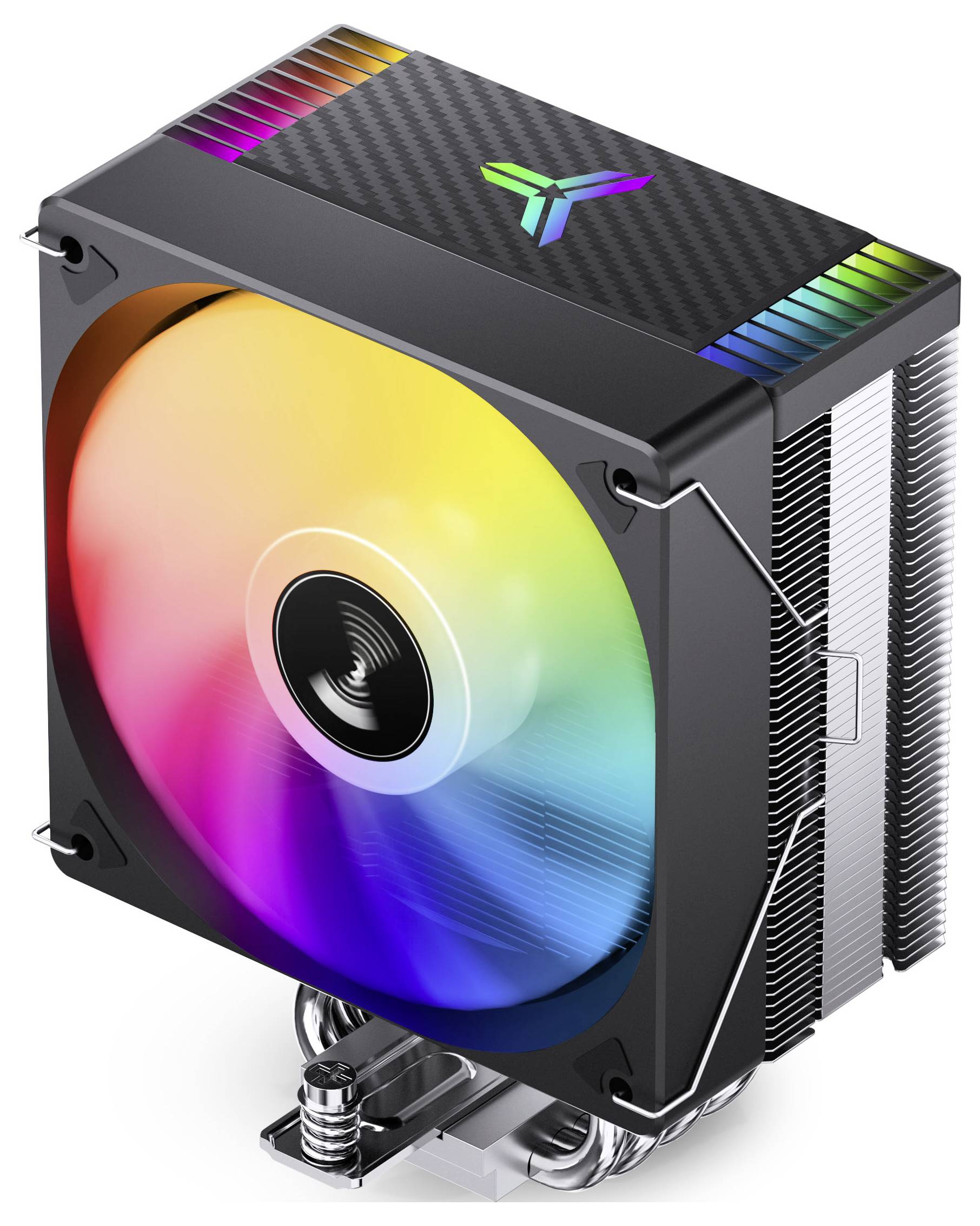 Ein schwarzer RGB-CPU-Kühler mit einem großen regenbogenfarbig beleuchteten Lüfter und silbernen Kühlrippen auf der Oberseite, dargestellt in einer produktstilisierten Ansicht.