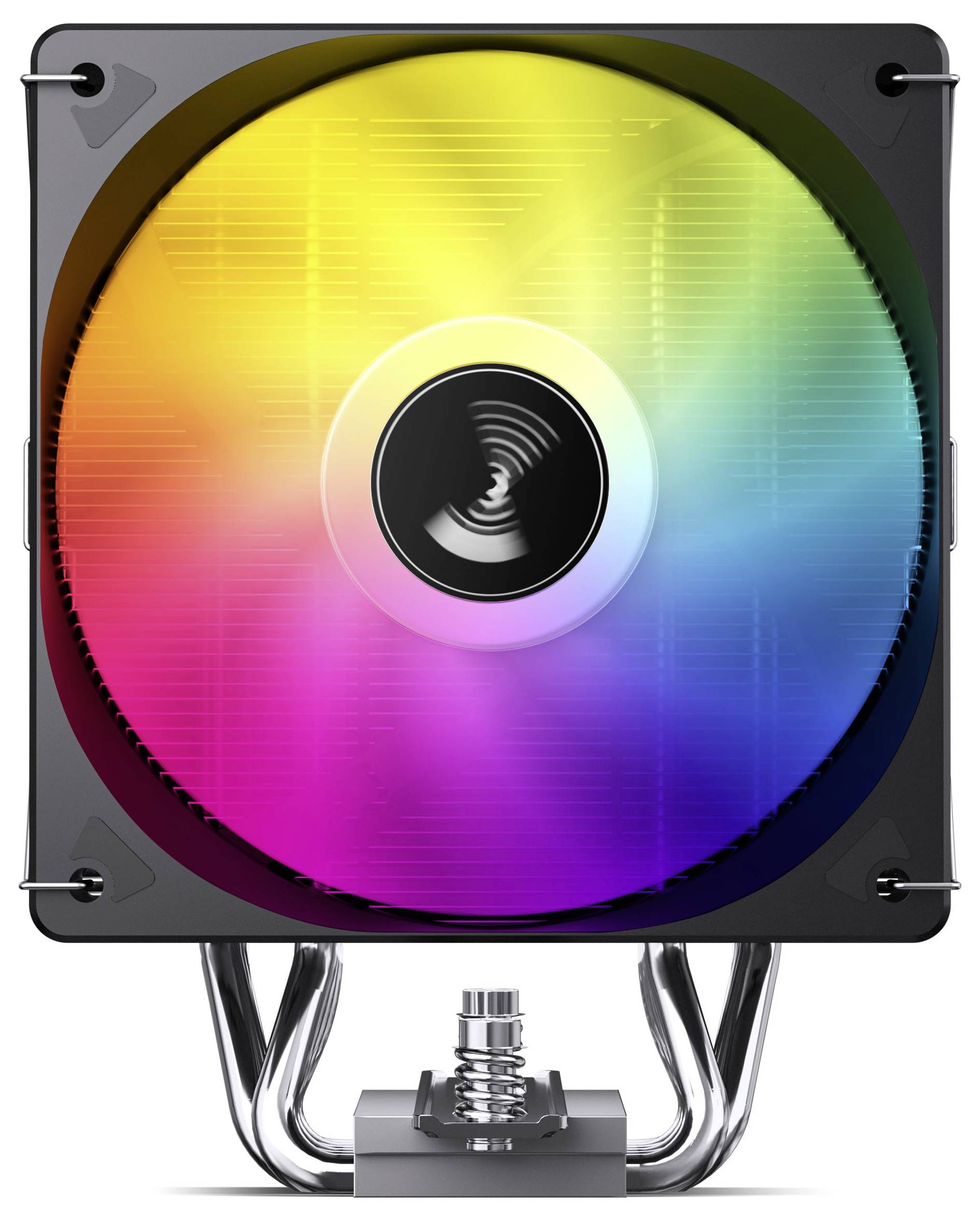 Ein farbiger RGB-Computerkühler mit regenbogenbeleuchtetem Lüfterblatt und schwarzem Rahmen, montiert mit sichtbaren Metallclips und Schläuchen.
