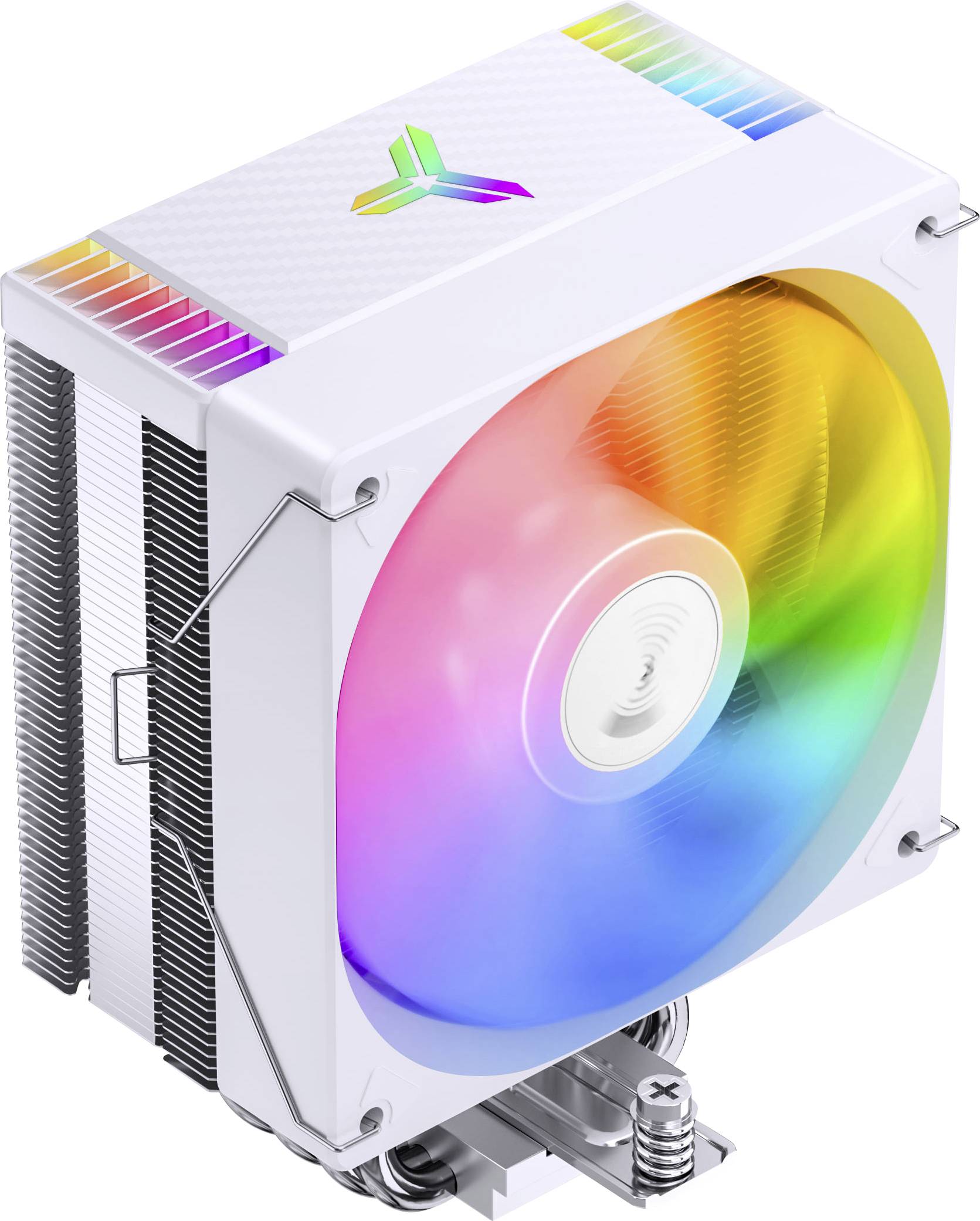 Ein weißer Computer-Kühlerlüfter-Kühlkörper mit einem regenbogenfarbigen RGB-Lüfterblatt, dargestellt in einer 3D-Produktstil-Darstellung.