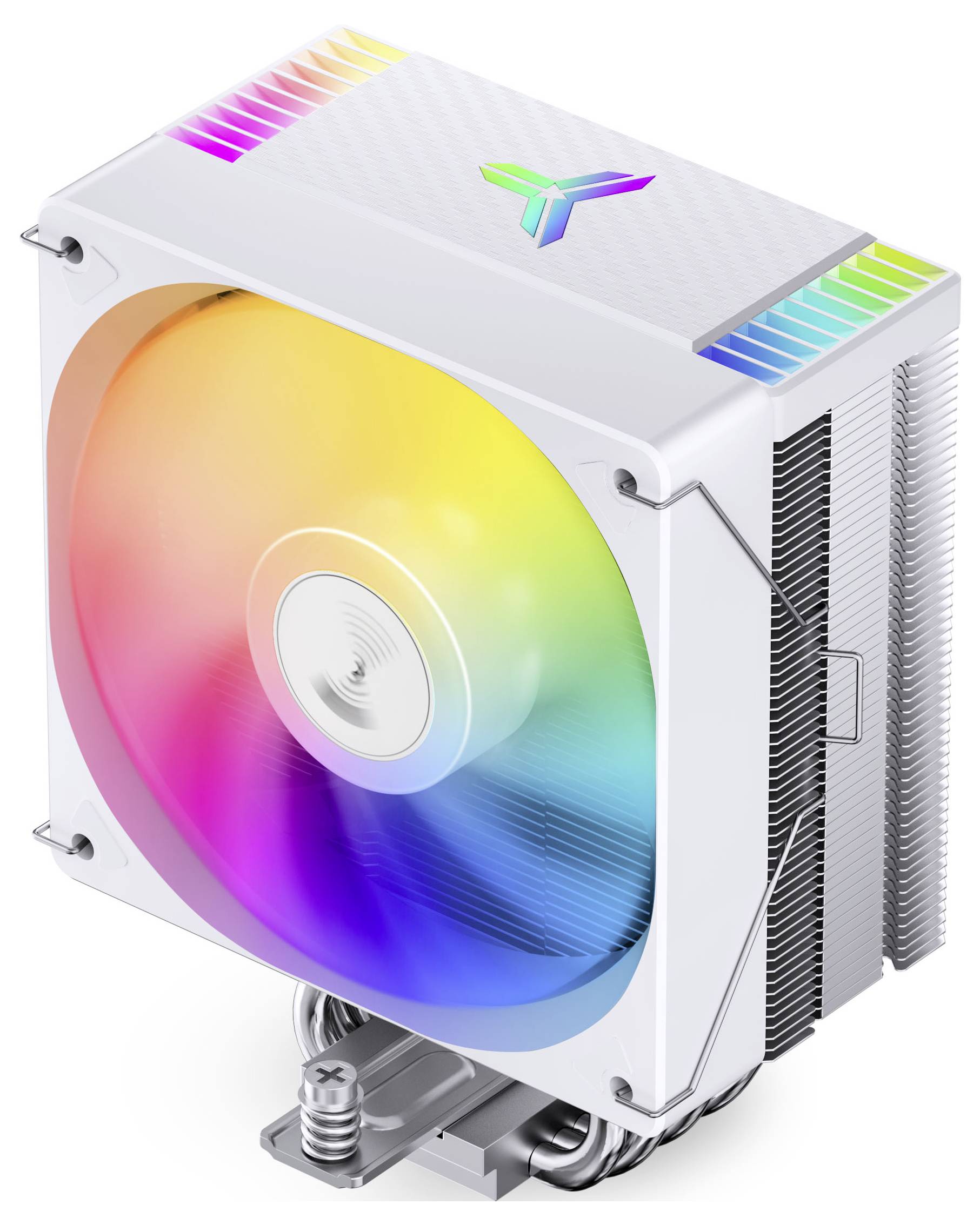 Regenbogen-RGB-Computer-CPU-Kühler mit großem Lüfter und Kühlkörper, von vorne-links in einem weißen Gehäuse gezeigt.