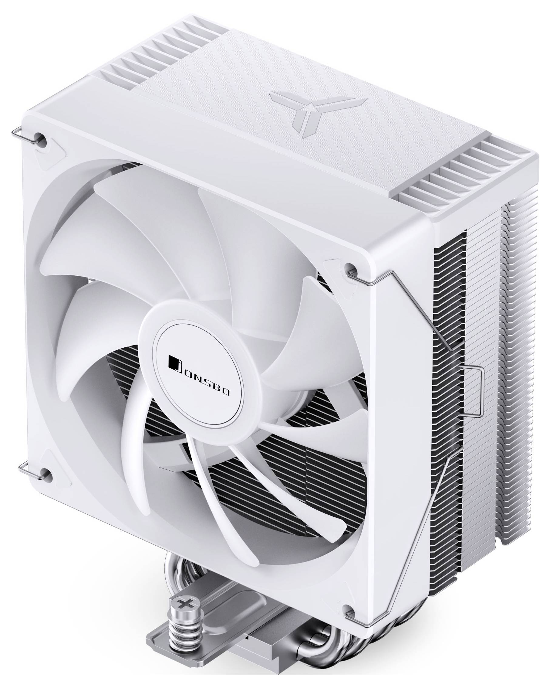 Weißer CPU-Kühler mit großem Frontlüfter und Lamellen-Kühlkörper, dargestellt in einer produktstilisierten Ansicht mit Metallwärmerohr und Befestigungshalterung.