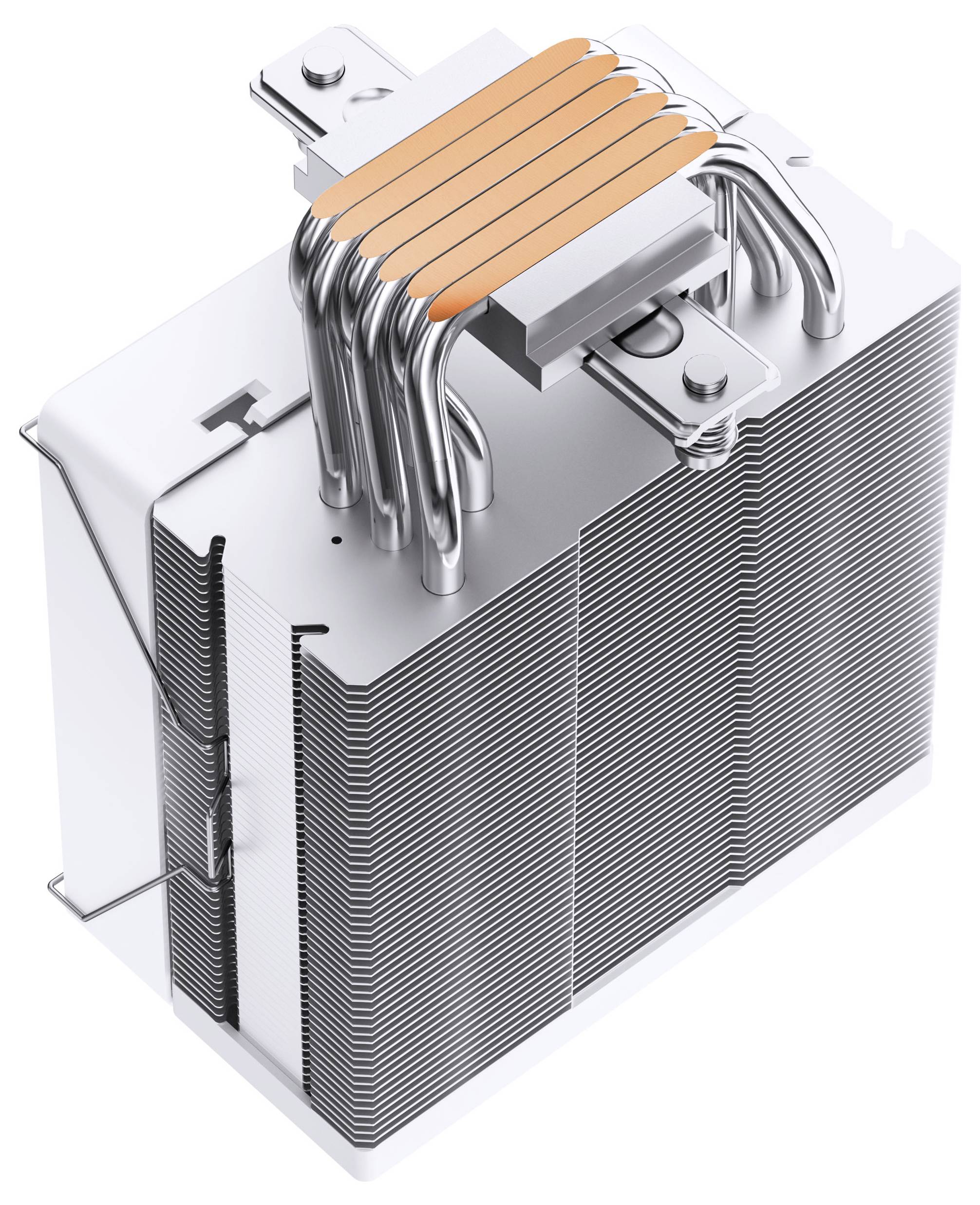 3D-Rendering eines Metall-Kühlkörpers mit Wärmerohrverbindungen und Kühlrippen, das einen CPU-Kühler zeigt, der zur Wärmeableitung ausgelegt ist.