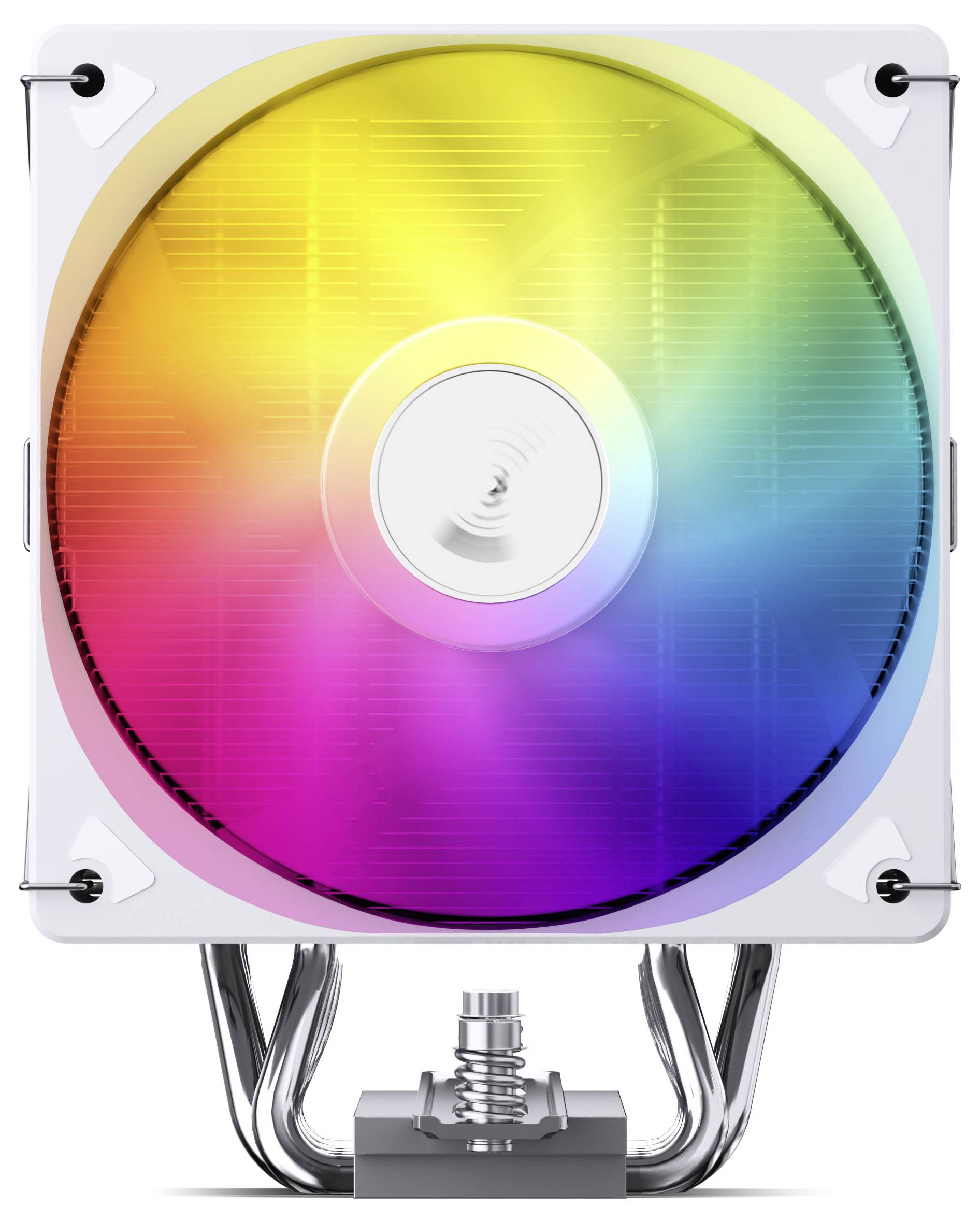 Eine regenbogenfarbene CD/DVD-Scheibe, die auf einem klaren quadratischen Displayständer mit Metallfastenern und Kabeln darunter montiert ist.