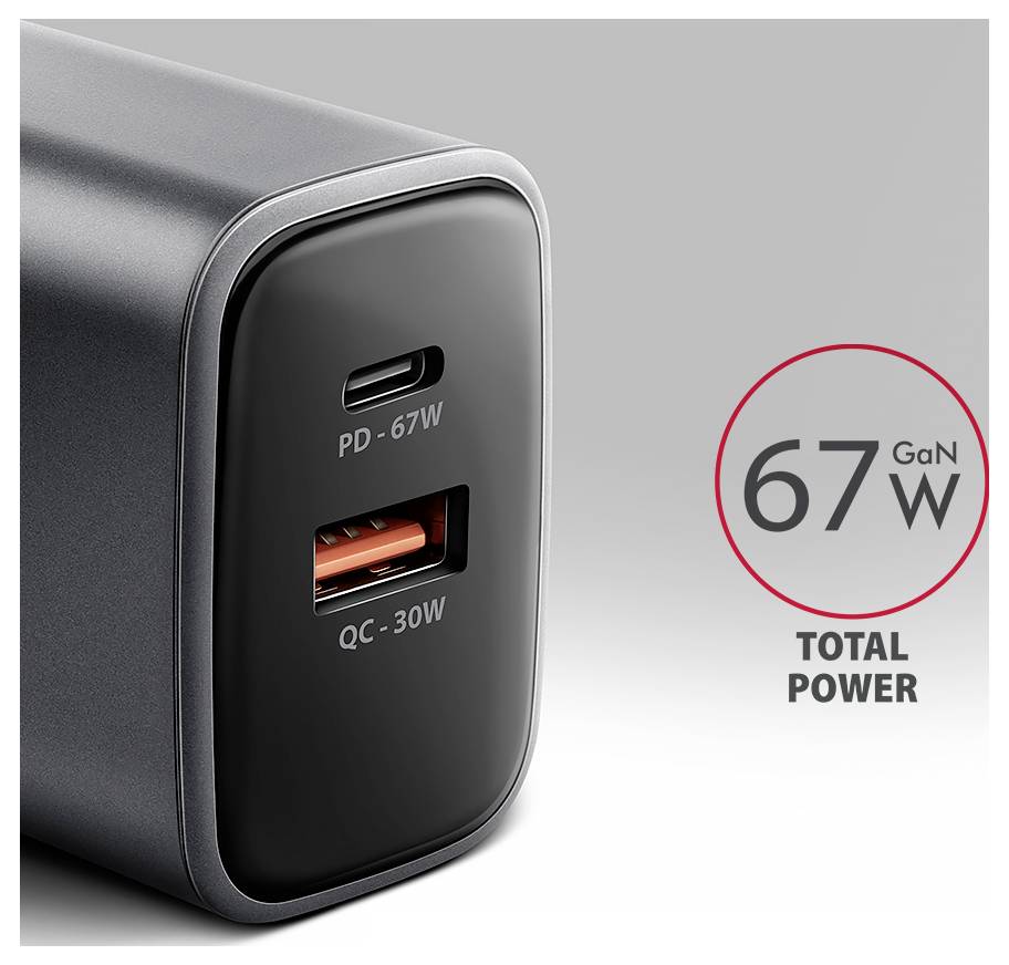 Bild eines 67-W-GaN-Wandladegeräts mit zwei USB-Anschlüssen mit den Bezeichnungen PD-67W und QC-30W und dem Text „67W GESAMTLEISTUNG